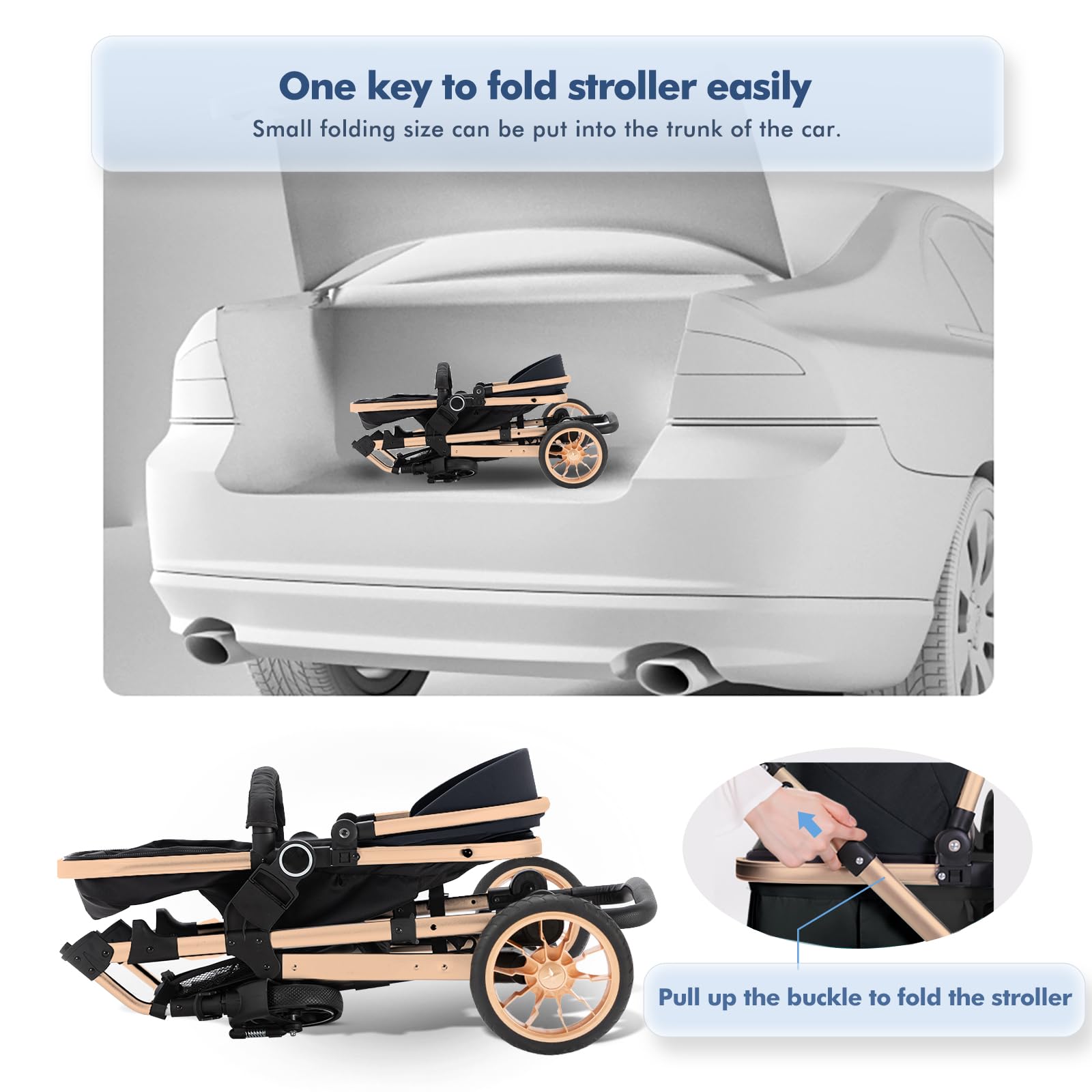 Blahoo Baby Stroller for Toddlers - Lightweight Foldable Aluminum Alloy Bassinet Pushchair with Adjustable Backrest & Reversible Seat | Perfect for Newborns, Infants & Travel | Gold & Black Design