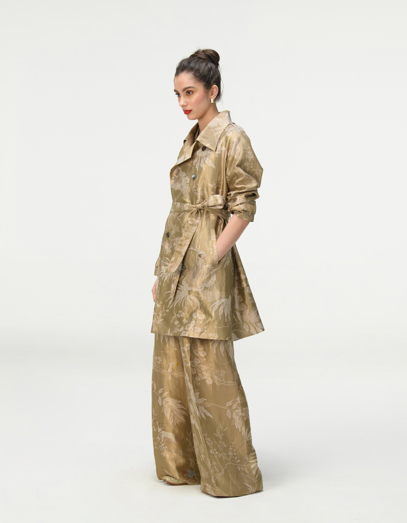 Elegant Trench Coat in Silk Brocade - Oyster Grey Color | Perfect for Formal Events, Weddings & Office Wear