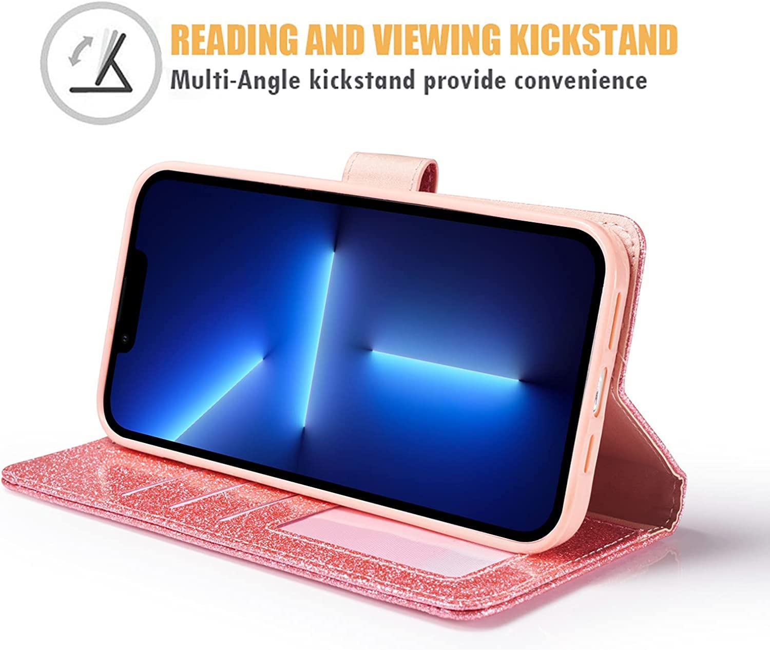 MOBISTAR iPhone 14 Plus Case 6.7 Inch - Glitter Bling Flip Wallet Cover with Card Holder & Kickstand | Shiny Protective Phone Case for Women (Pink) | Perfect for Parties, Shopping & Everyday Use