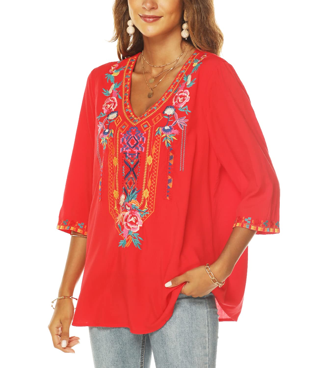 AK Embroidered Peasant Blouse for Women - 3/4 Sleeve Mexican Tunic Top with V-Neck | Traditional Floral Embroidery Casual Shirt | Perfect for Boho Outfits, Summer Festivals & Vacation Wear