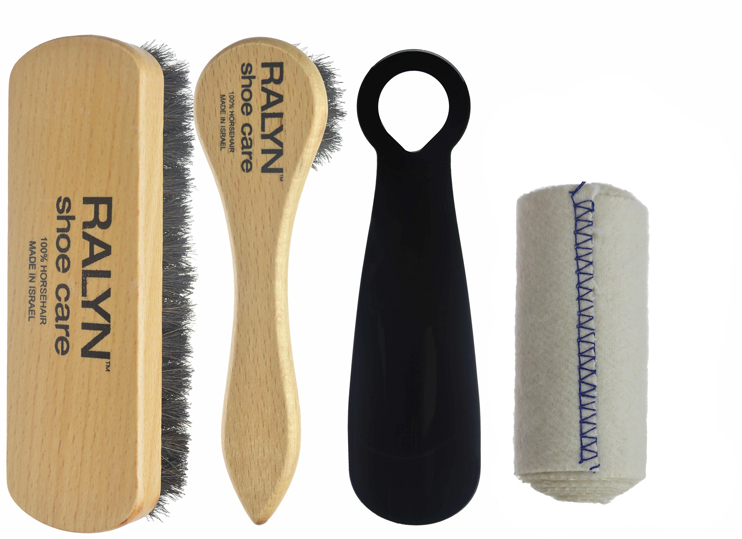 Premium Travel Shoe Shine Kit - 100% Horsehair Brush & Dauber with Dark Bristles, Microfiber Shine Cloth & 5.5