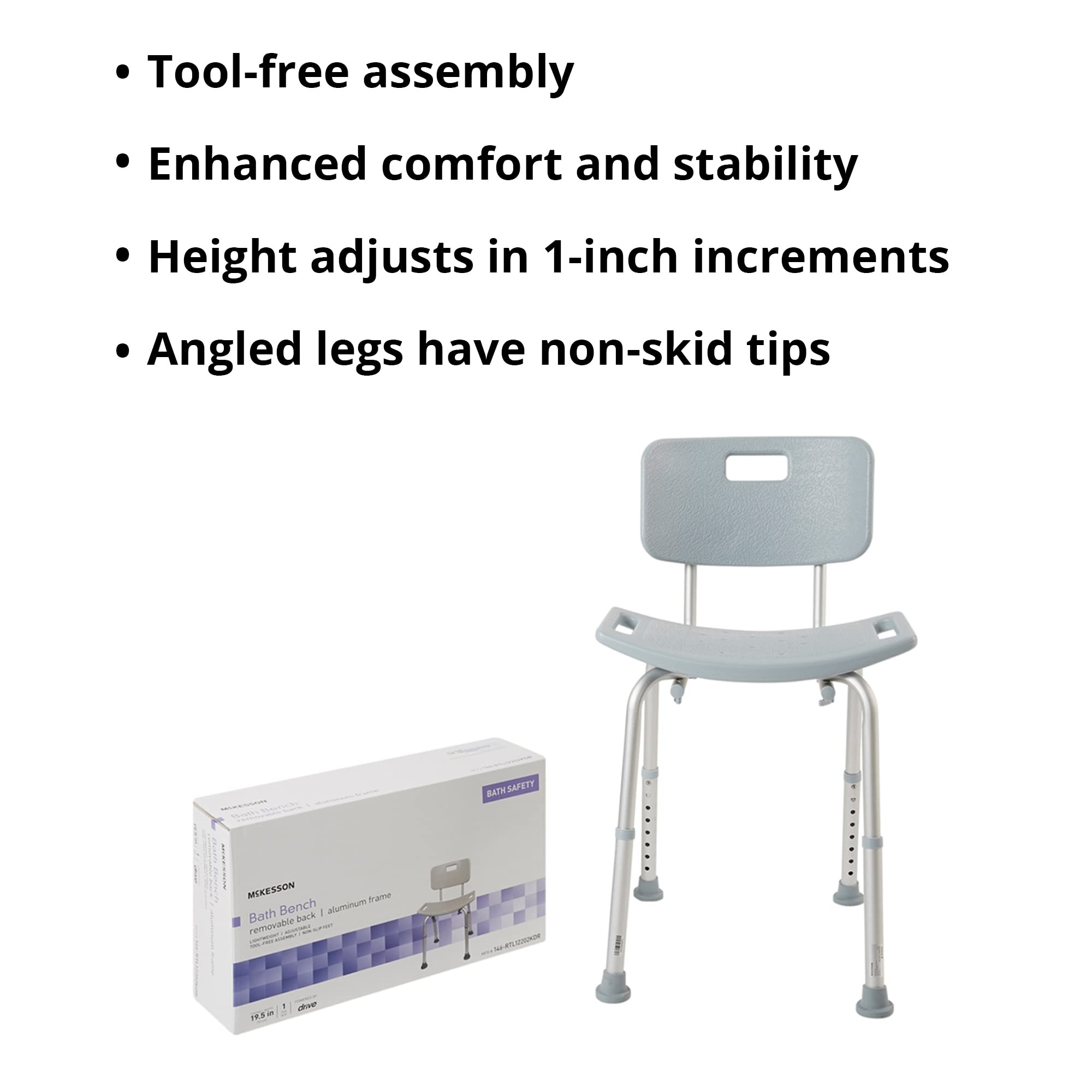 McKesson Adjustable Aluminum Bath Bench with Removable Back - Lightweight, Supports 300 lbs - Ideal for Elderly, Disabled & Post-Surgery Bathing Safety