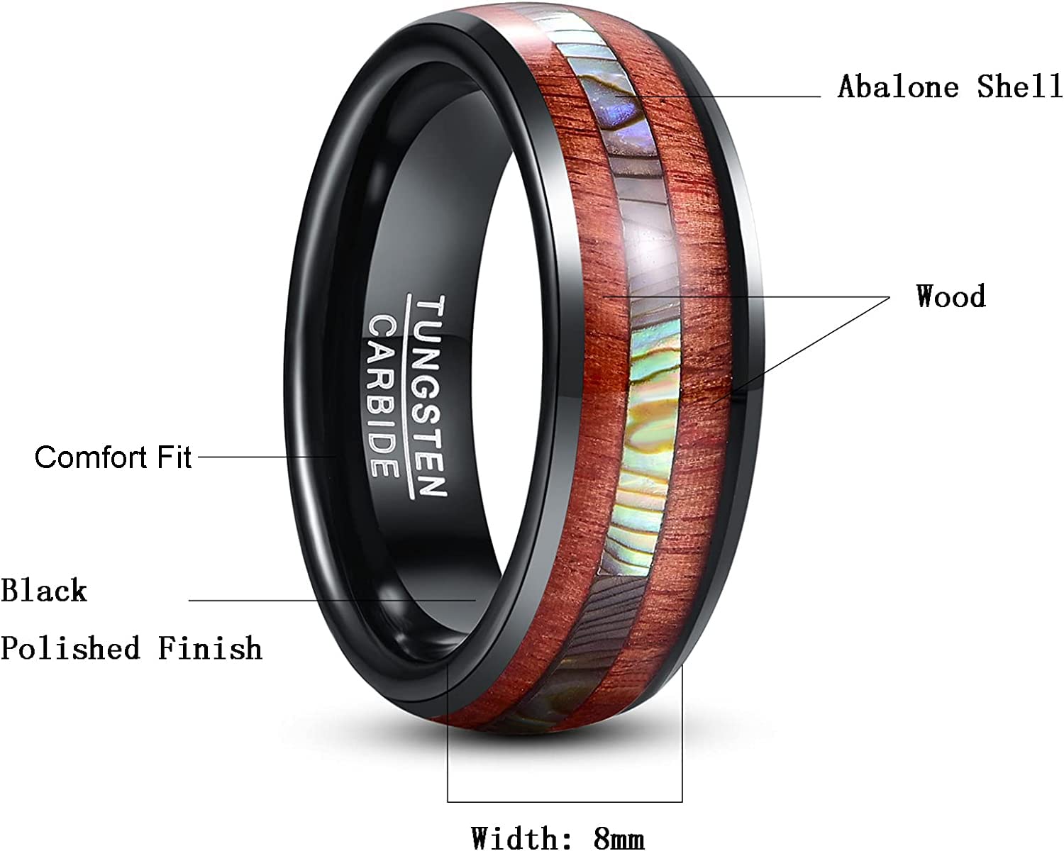 Premium Tungsten Wedding Bands for Men - Wood Inlay with Abalone Shell & Koa, Dome Style Comfort Fit Rings Size 6-14 - Ideal for Engagement, Promise & Anniversary Gifts (Perfect for Outdoor Weddings & Daily Wear)