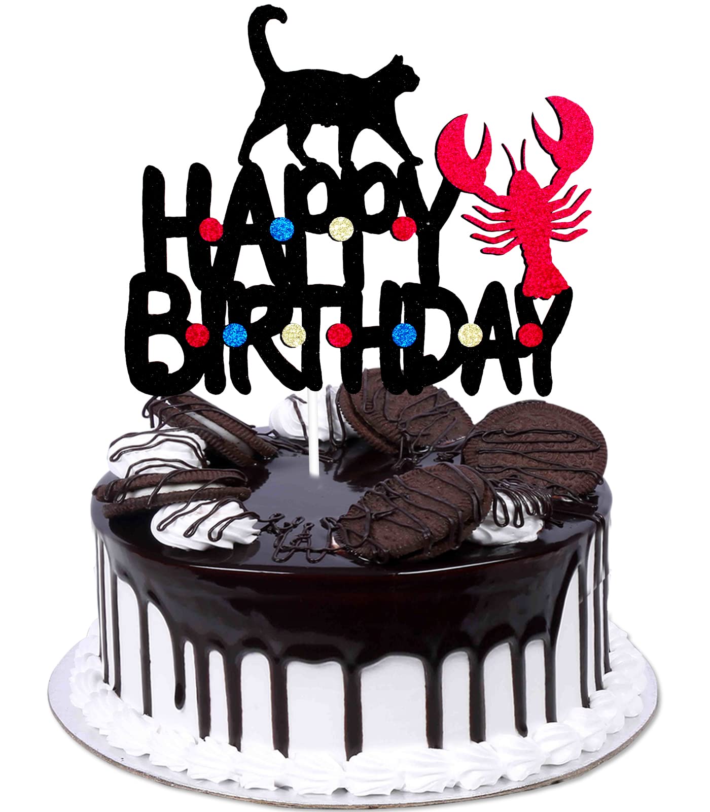 Happy Birthday Cat Cake Topper - Black Glitter Cat & Lobster Design for Birthday Party Decorations - Perfect for Kids, Boys, Girls Birthday Cakes and Celebrations