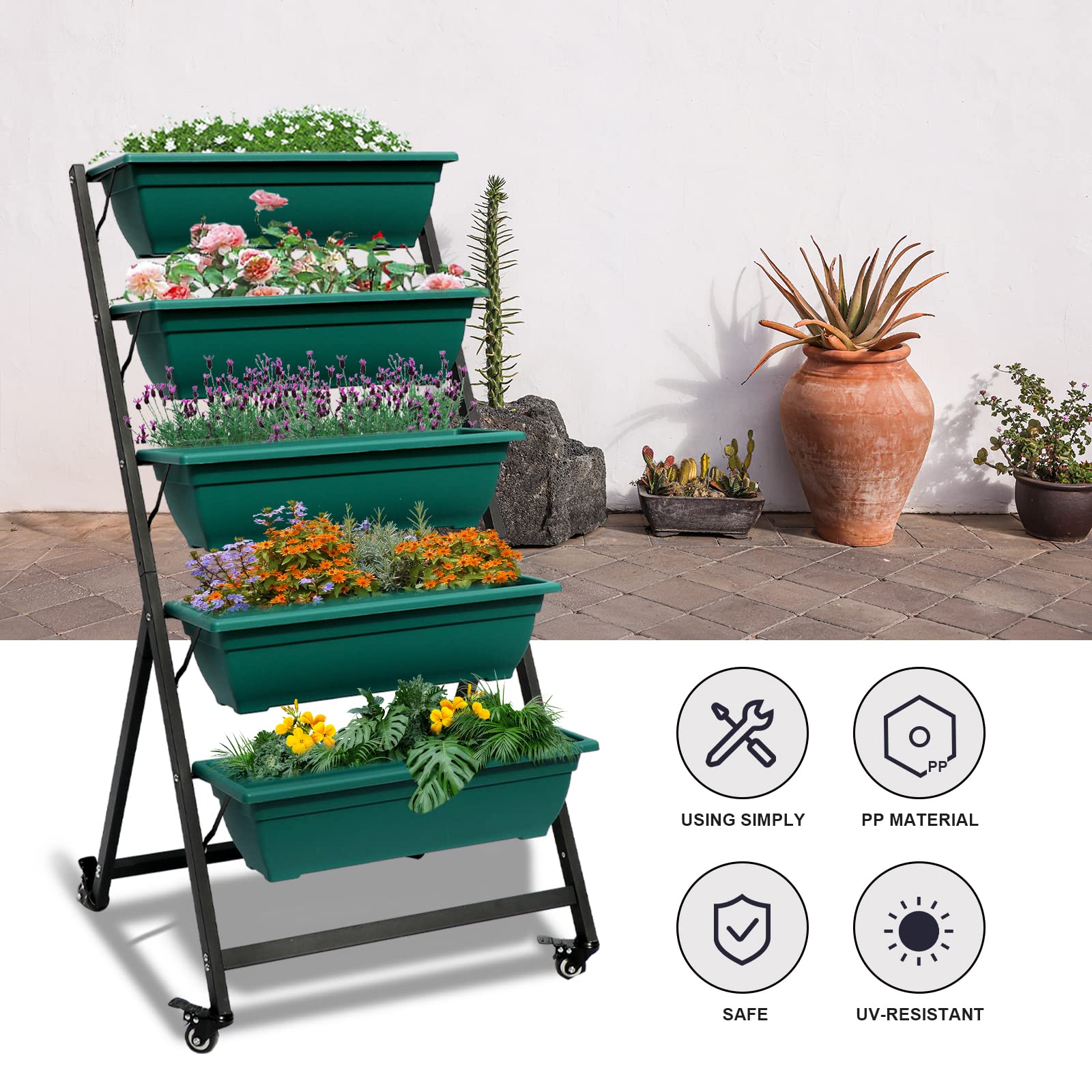 5-Tier Vertical Raised Garden Bed - Freestanding Elevated Planter Box with Drain Holes for Outdoor/Indoor Gardening - Grow Flowers, Vegetables, Herbs on Patio, Balcony or Greenhouse (Green) - Perfect for Small Space Gardening & Urban Farming