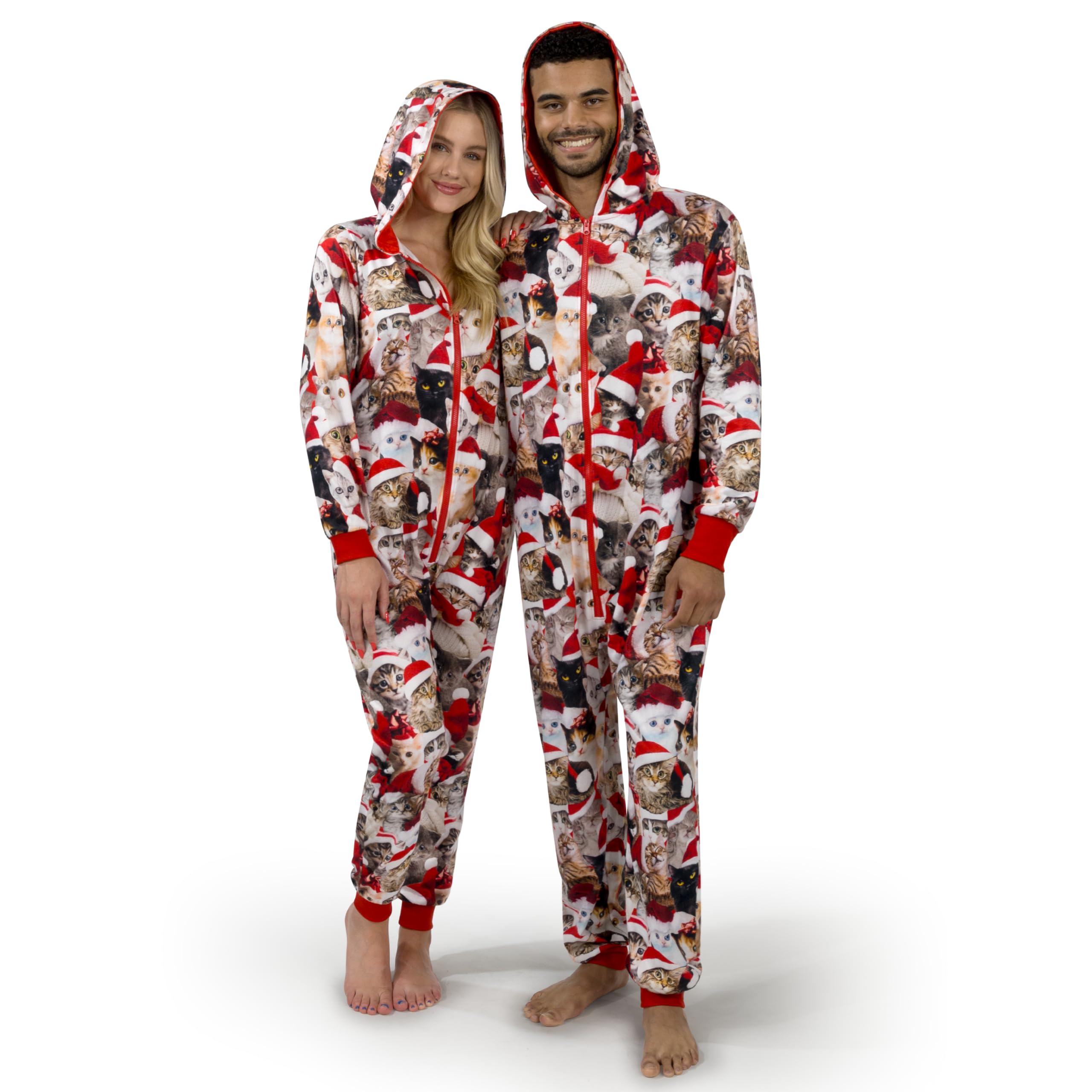 Cozy Cat Print Christmas Pajamas for Adults - Soft Fleece Hooded Pajama Set with Pockets | Perfect for Holiday Parties, Family Gatherings & Winter Lounging