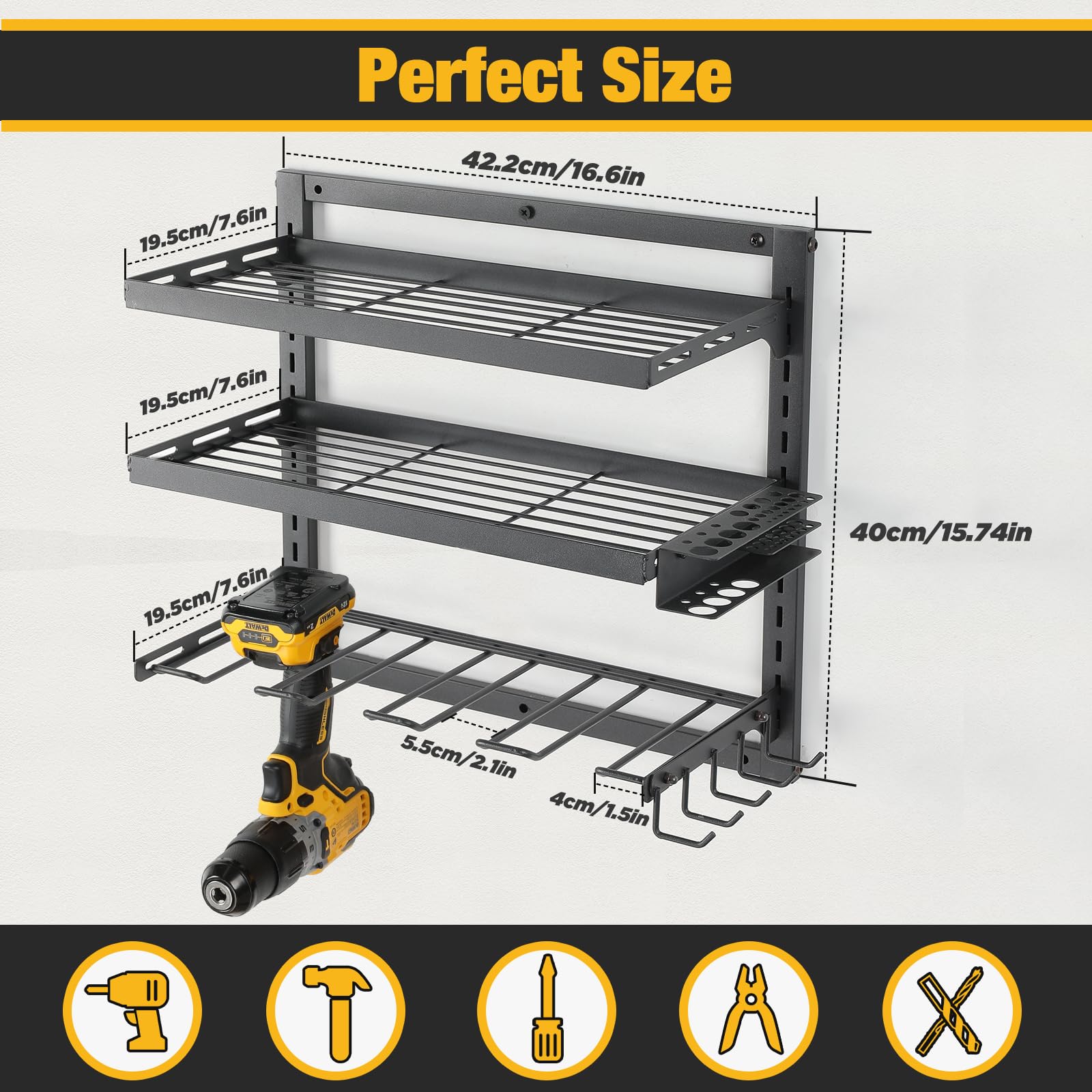 COFIT Adjustable 3-Tier Iron Power Tool Organizer with Wall Mount - Heavy Duty Drill Storage Rack & Charging Station for Garage Workshop | Perfect for DIY Projects, Home Improvement & Professional Tool Organization