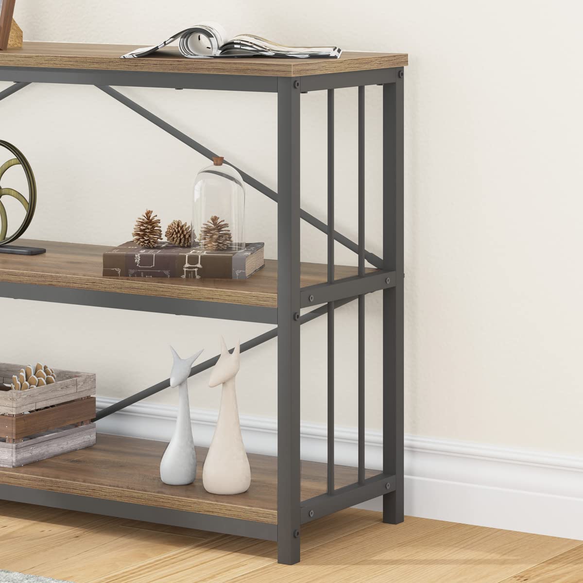 LVB Industrial Console Sofa Table - 55 Inch Rustic Oak Entryway Table with Modern 3-Tier Open Storage Shelf, Wood & Metal Hallway Sofa Table for Foyer, Living Room - Perfect for Home Decor, Organizing Essentials & Creating a Cozy Entryway Ambiance