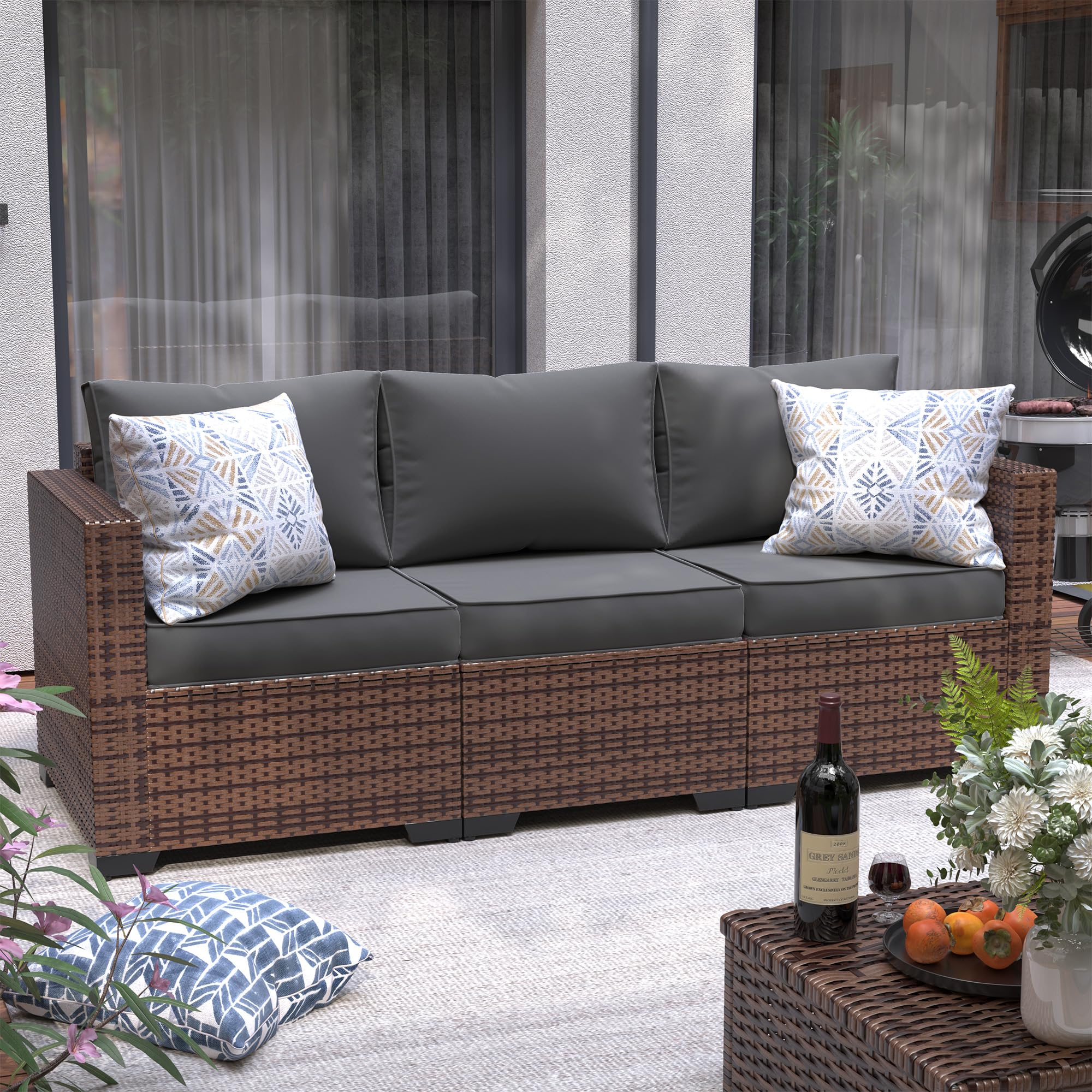 UDPATIO 3-Seat Outdoor Wicker Sofa Set with Steel Frame - Grey Rattan Sectional Couch with Deep Seating, High Back, Non-Slip Cushions & Furniture Cover - Perfect for Patio, Garden, Poolside or Backyard Relaxation