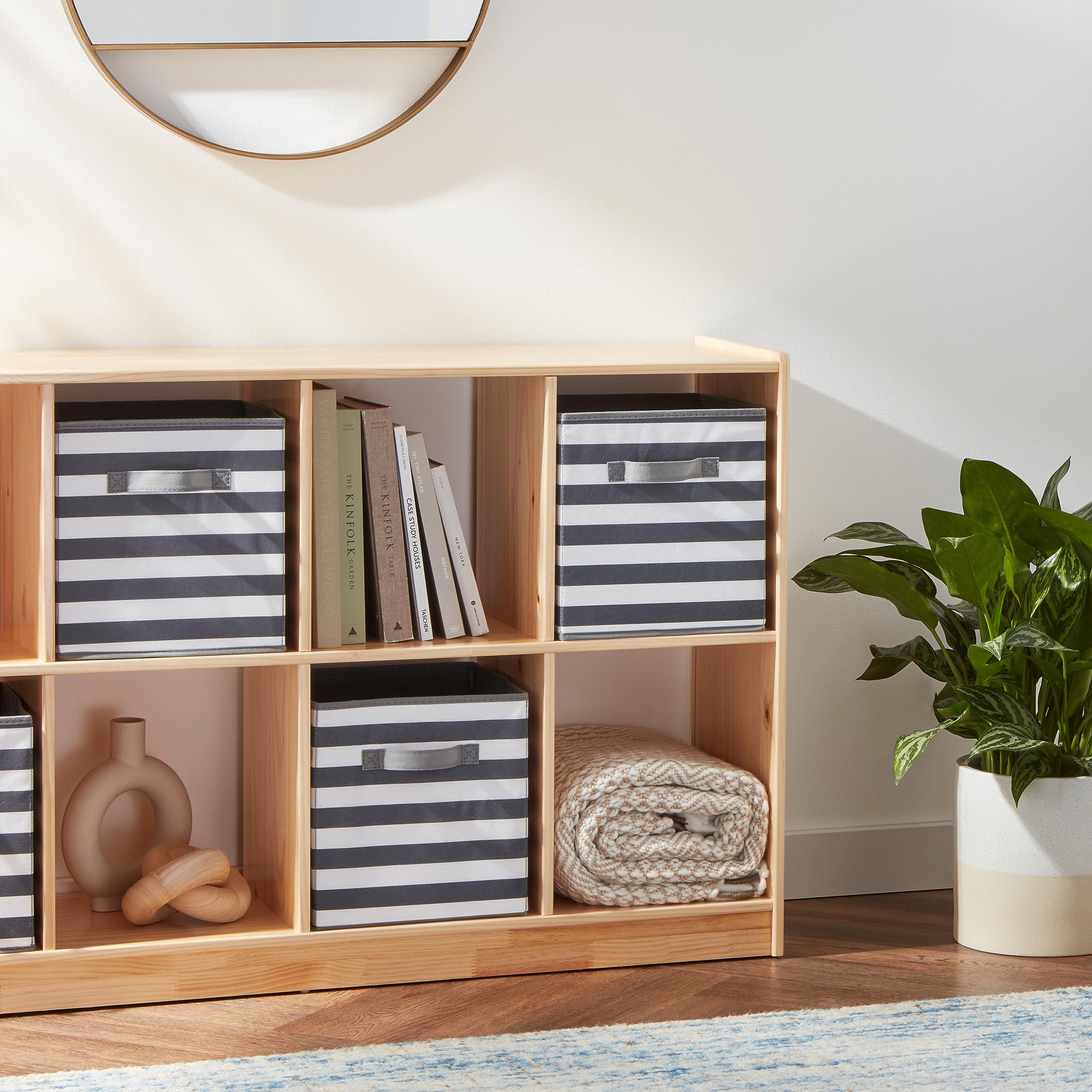 Amazon Basics Cube Organizer Storage Bins with Handles - Collapsible Fabric Storage Cubes, 13x13x13 Inches, White & Light Grey Stripe (Pack of 6) - Perfect for Closet, Nursery, Office, and Home Organization