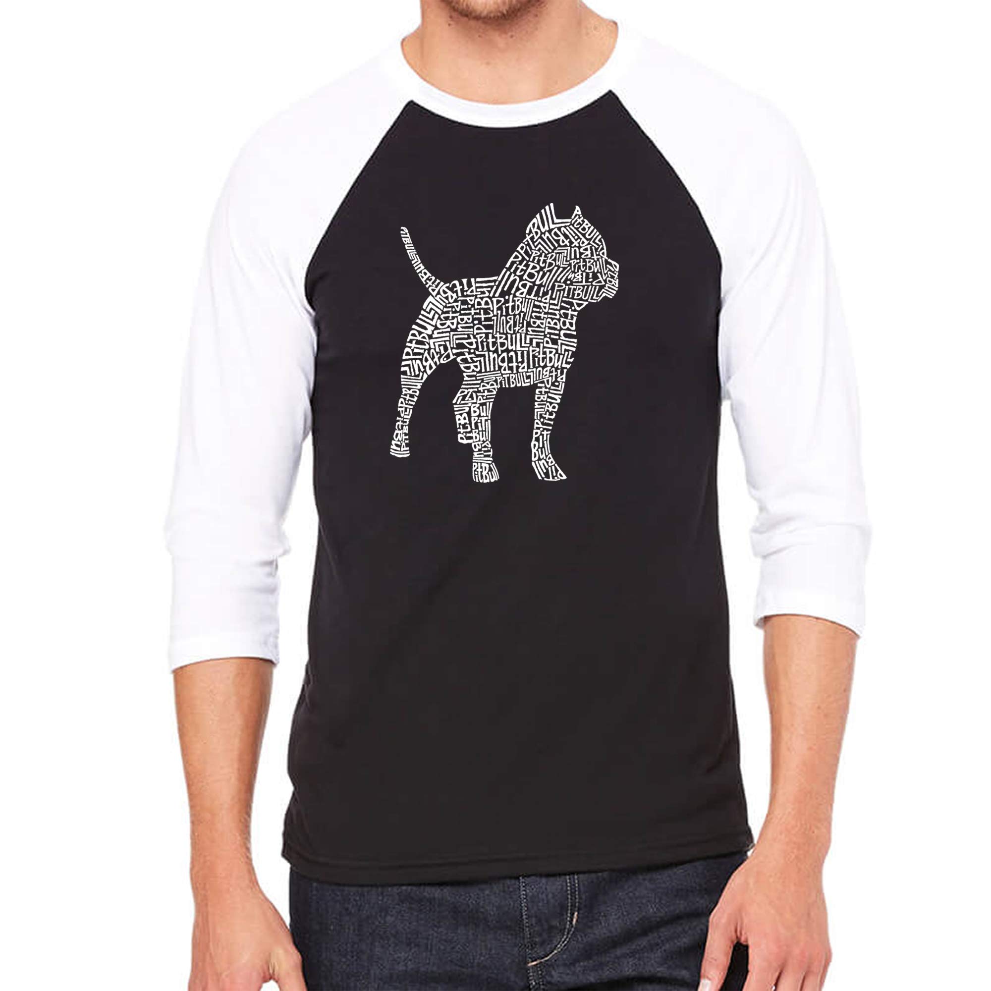 LA POP ART Men's Raglan Baseball Word Art T-Shirt - Pitbull Graphic Tee | Vintage Style Short Sleeve Shirt for Casual Wear, Street Fashion & Music Lovers