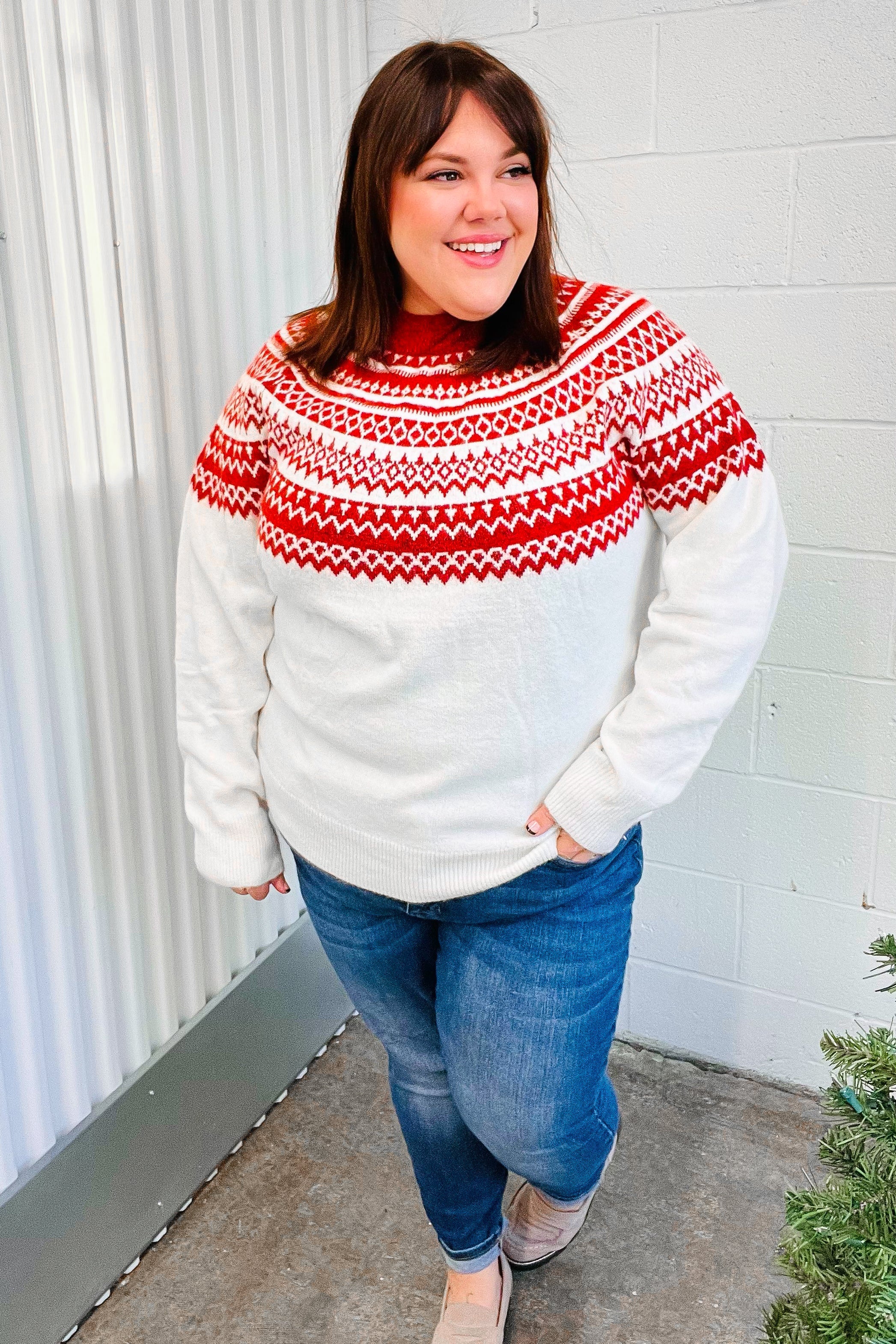 Festive Ivory & Red Fair Isle Mock Neck Sweater - Cozy Christmas Holiday Knitwear for Women, Perfect for Winter Parties & Family Gatherings