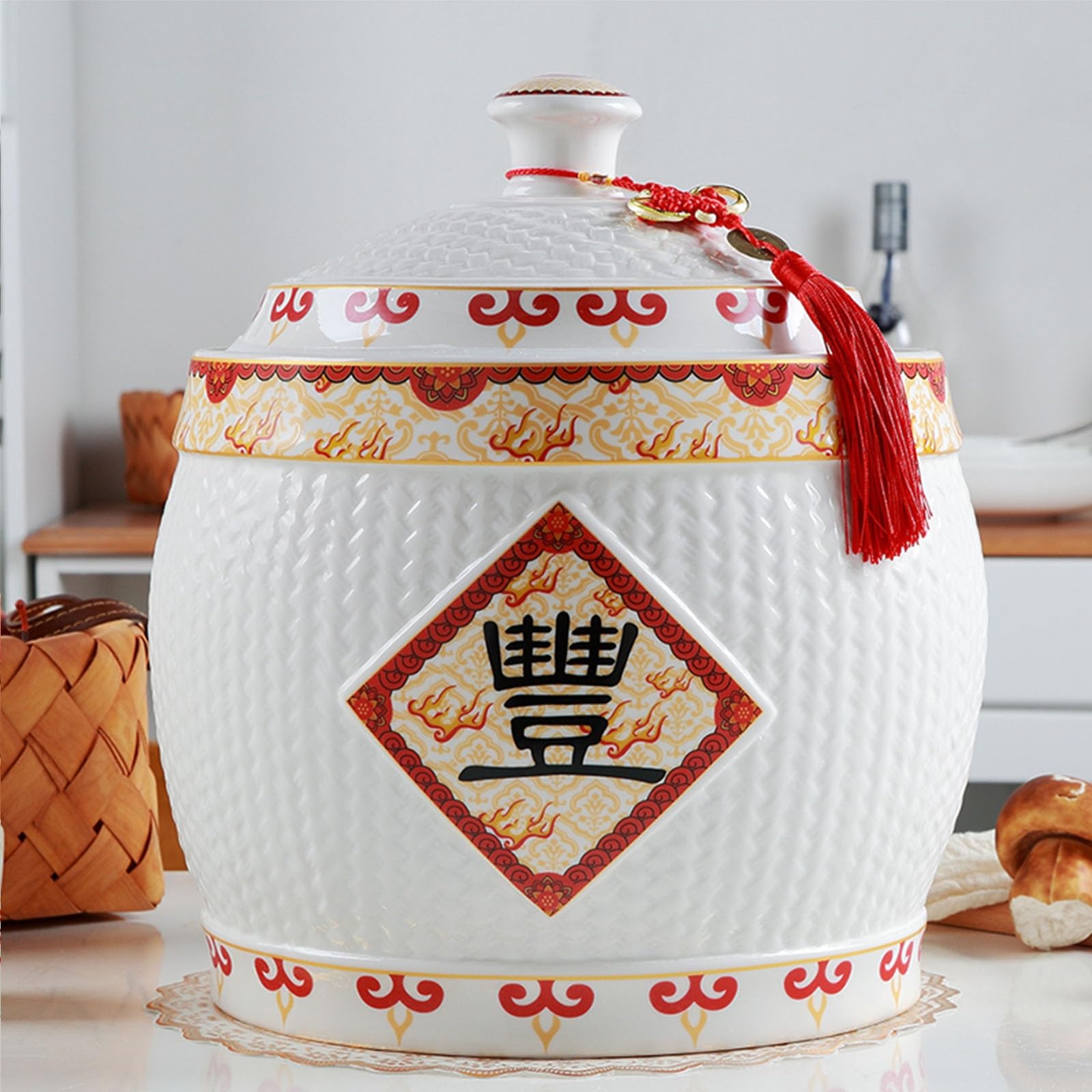 Premium Ceramic Rice Storage Jar with Lid - Traditional Chinese Style Food Container for Cereal, Flour, Sugar, Coffee | Airtight Kitchen Organizer (21x21x27cm) - Perfect for Pantry, Countertop & Asian-Inspired Home Decor