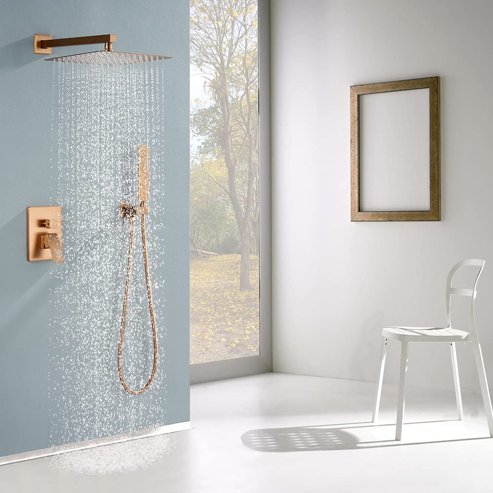 Brushed Rose Gold Rain Shower System - 12 Inch Rainfall Shower Head with Handheld Sprayer, Wall Mounted Bathroom Shower Set Including Faucet Mixer & Trim Kit (Valve Included) - Perfect for Luxurious Spa-Like Showers and Modern Bathroom Upgrades