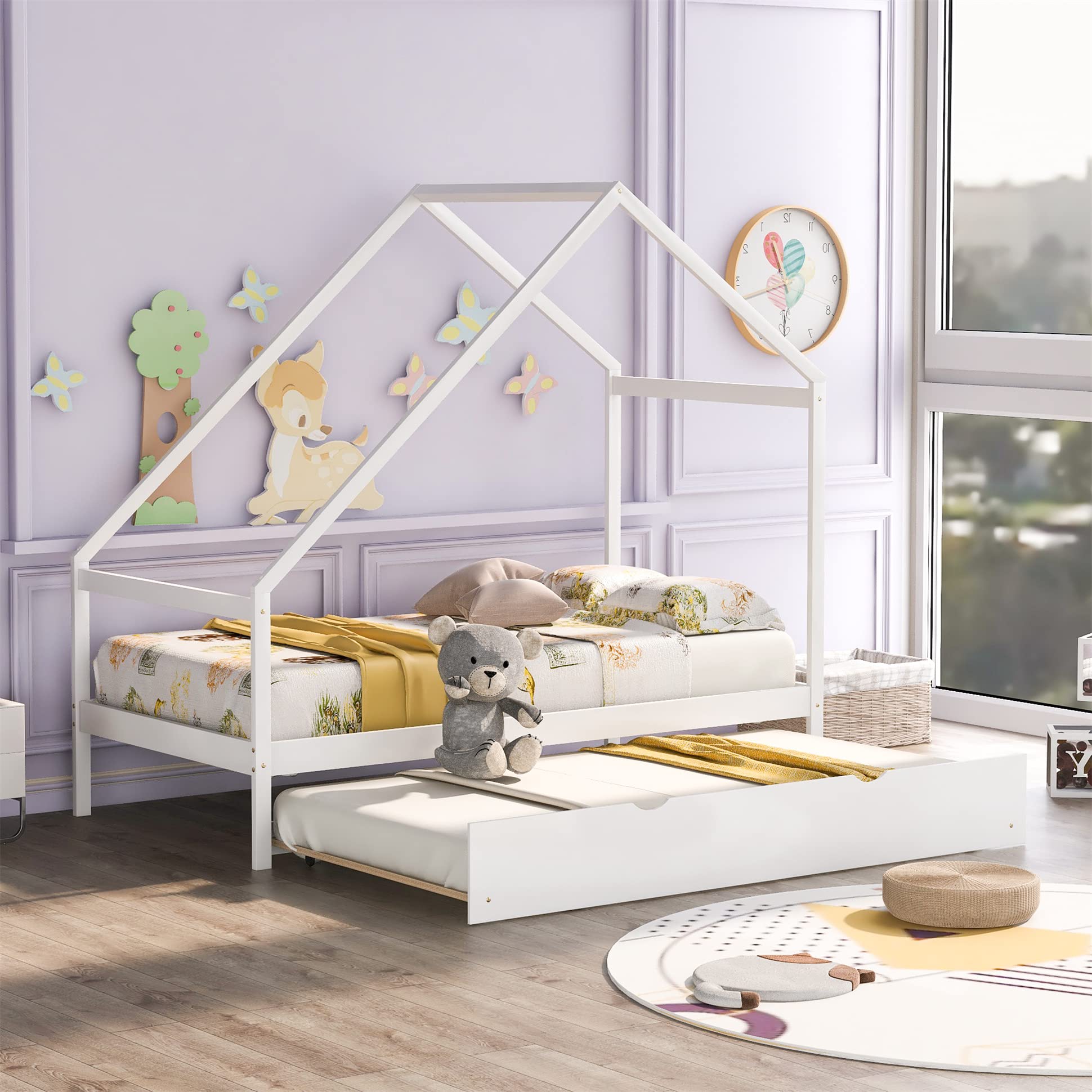 Harper & Bright Designs Twin House Bed for Kids with Trundle - Wooden Kids Bed Frame for Toddlers, Children & Teens - No Box Spring Needed (White) - Perfect for Bedrooms, Playrooms & Sleepovers