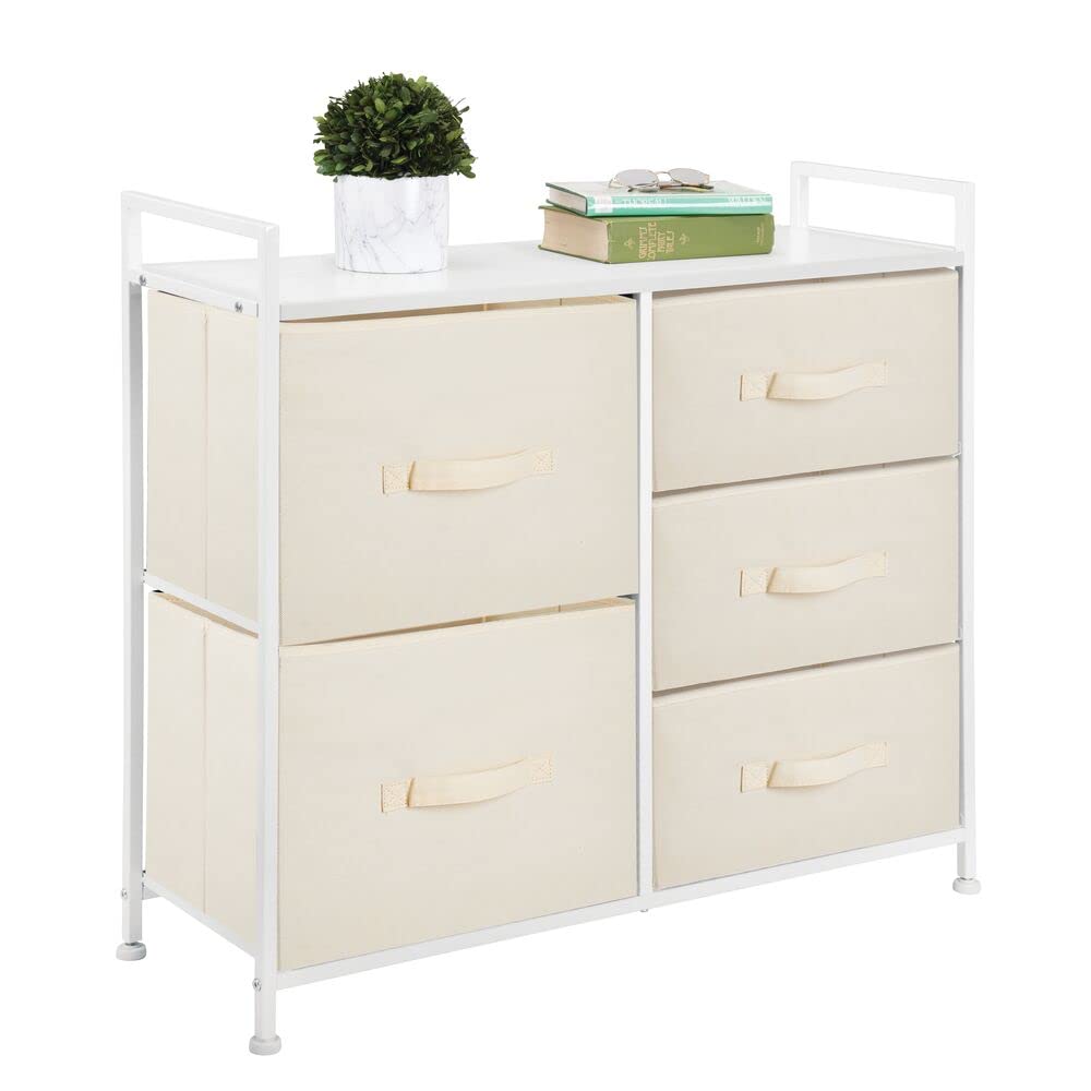 mDesign 5-Drawer Storage Dresser Organizer - Large Standing Fabric Bin Chest for Bedroom, Office, Living Room & Closet - Removable Drawers, Cream White - Perfect for Home Organization & Small Space Storage (Pack of 1)