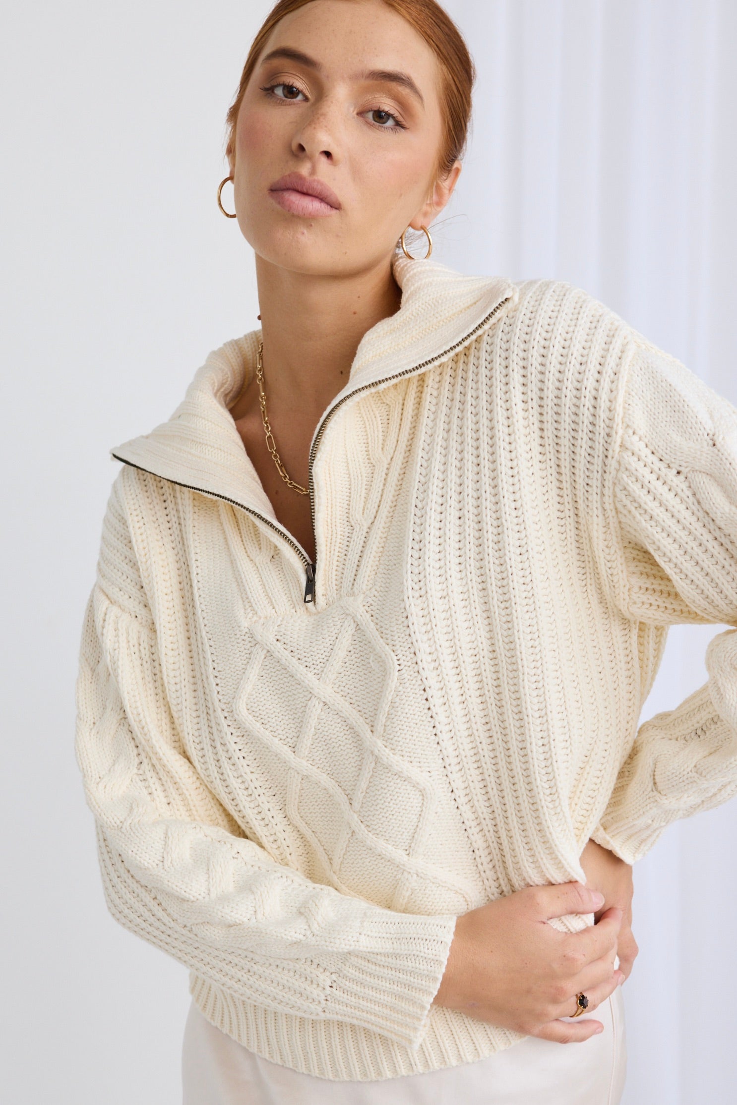 Clover Ivory Zip Front Cable Knit Sweater for Women - Cozy Winter Pullover with Front Zipper - Perfect for Casual Outfits & Cold Weather Layering