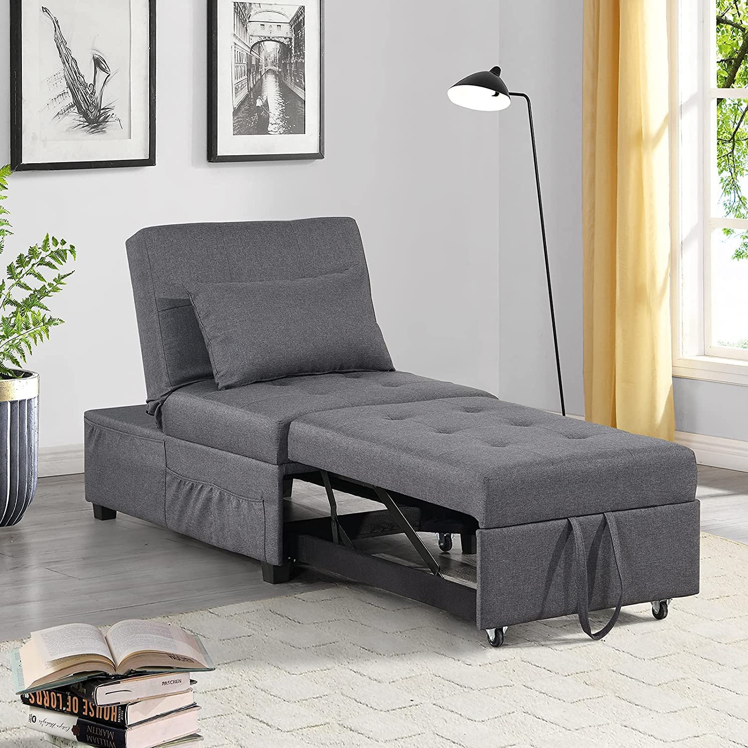 BINGTOO 4-in-1 Convertible Chair Sleeper Bed with Lumbar Support - Adjustable Ottoman Guest Bed, Folding Sofa Chair for Bedroom & Living Room - Perfect for Small Spaces, Overnight Guests and Relaxation
