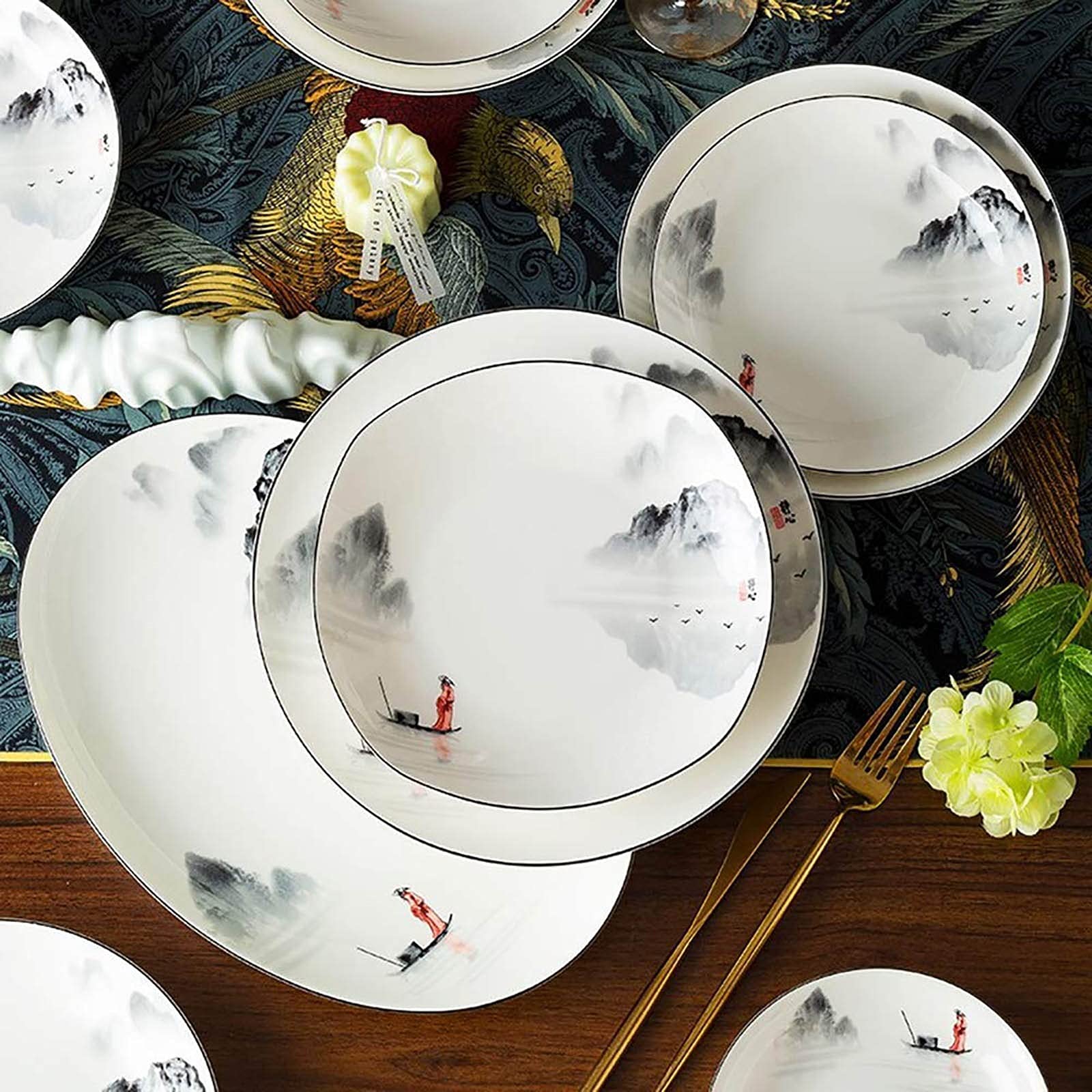 60-Piece Chinese Style Porcelain Dinnerware Set - Antique Ink Painting Design Plates, Bowls, Spoons & Soup Pot - Service for 12 - Elegant Tableware for Family Gatherings, Dinner Parties & Holiday Entertaining
