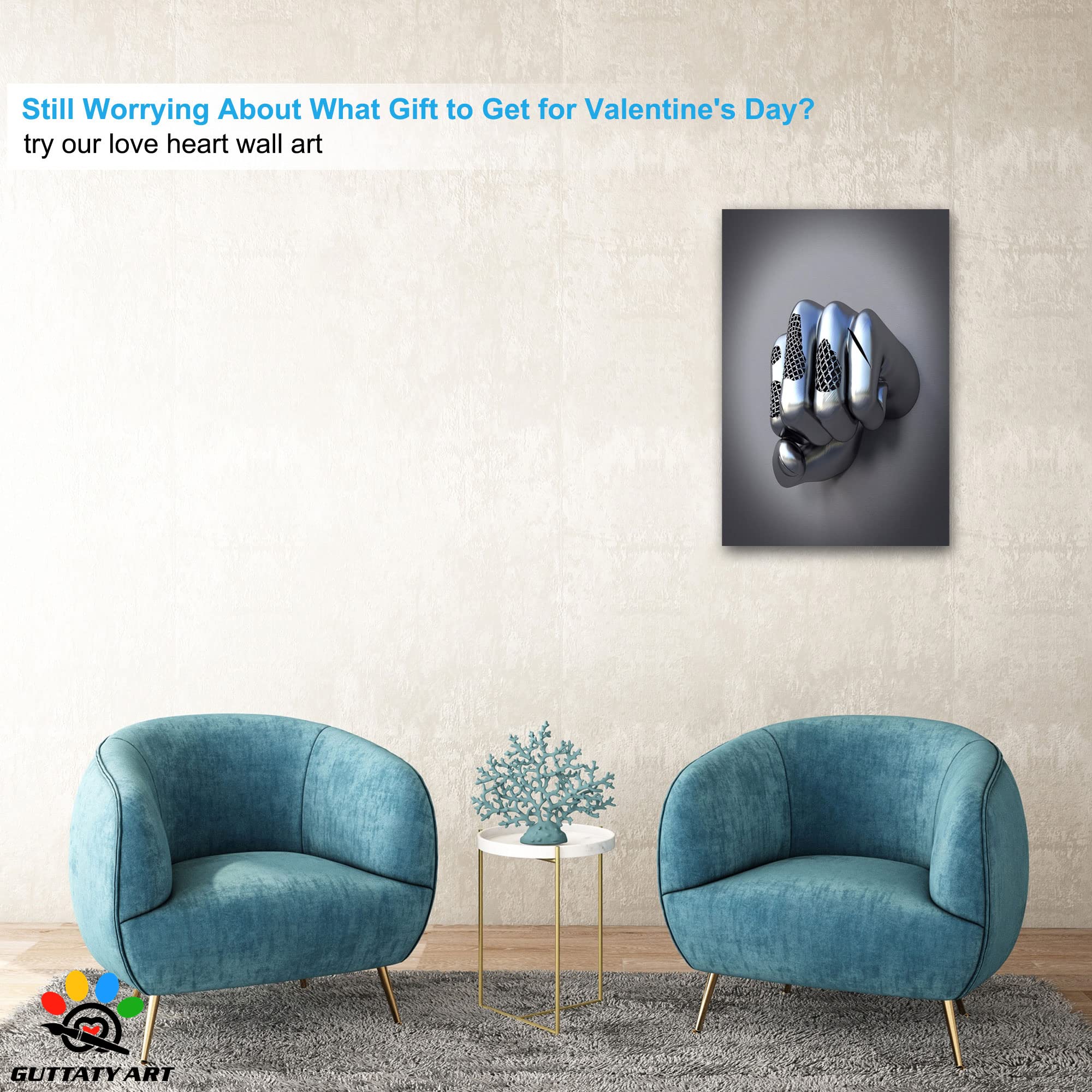 3D Metal Effect Fist Canvas Wall Art - Modern Silver Framed Wall Decor for Men's Bedroom & Living Room - Valentine's Day Gift Idea - 24x36 Inches - Perfect for Home Office, Man Cave, and Contemporary Spaces