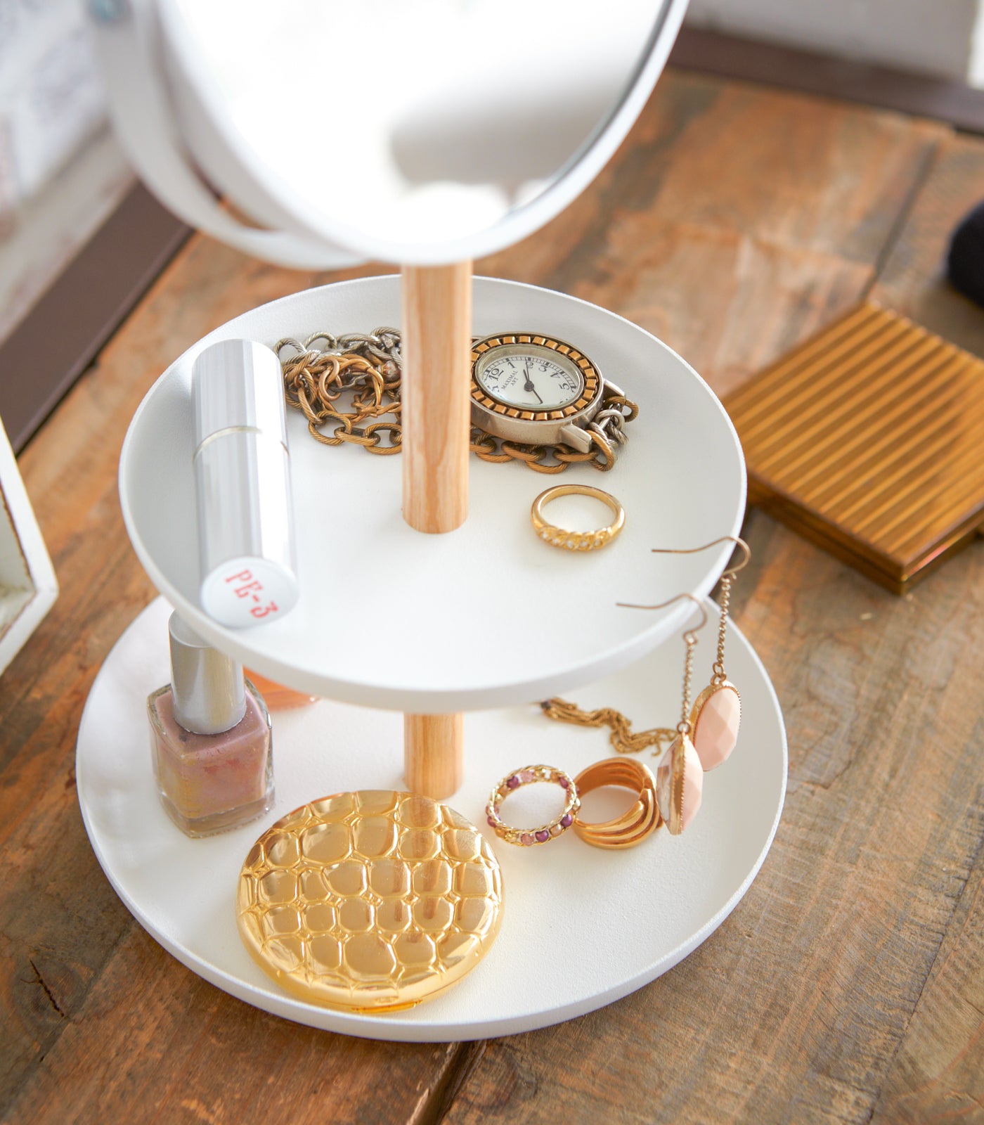 2-Tier Jewelry Organizer Tray with Mirror - Wood & Steel Design for Necklaces, Rings & Earrings - Perfect for Vanity, Dresser & Travel Storage