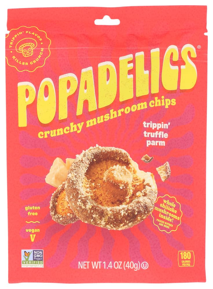 Popadelics Crunchy Mushroom Chips - Trippin' Truffle Parm Flavor | Vegan, Kosher, Gluten Free & Non-GMO Snacks | 1.4oz (6-Pack) | Perfect for Healthy On-The-Go Snacking, Parties & Movie Nights