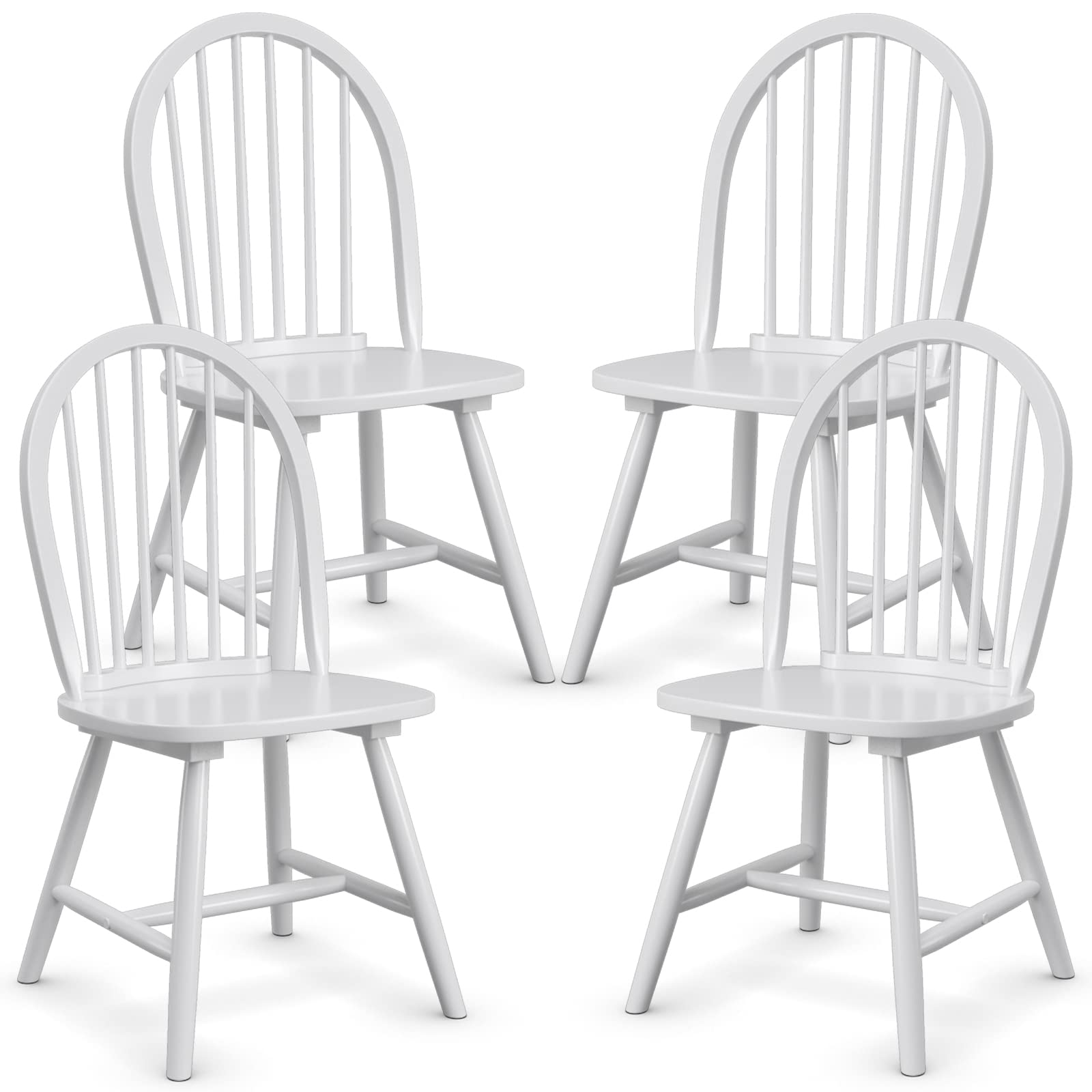KOTEK Set of 4 Windsor Wood Dining Chairs - Spindle Back, Solid Wood Legs, Wide Seat Farmhouse Armless Side Chairs for Kitchen, Dining Room & Living Room - Perfect for Family Gatherings & Home Decor (White)