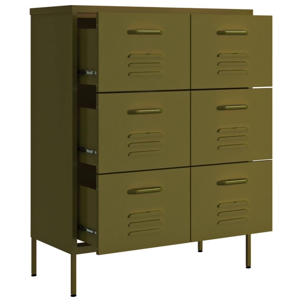 vidaXL 6-Drawer Industrial Storage Cabinet - Olive Green Steel Dresser with Fully Extendable Drawers for Easy Organization | Durable & Low-Maintenance | Perfect for Bedroom, Office or Garage Storage Solutions