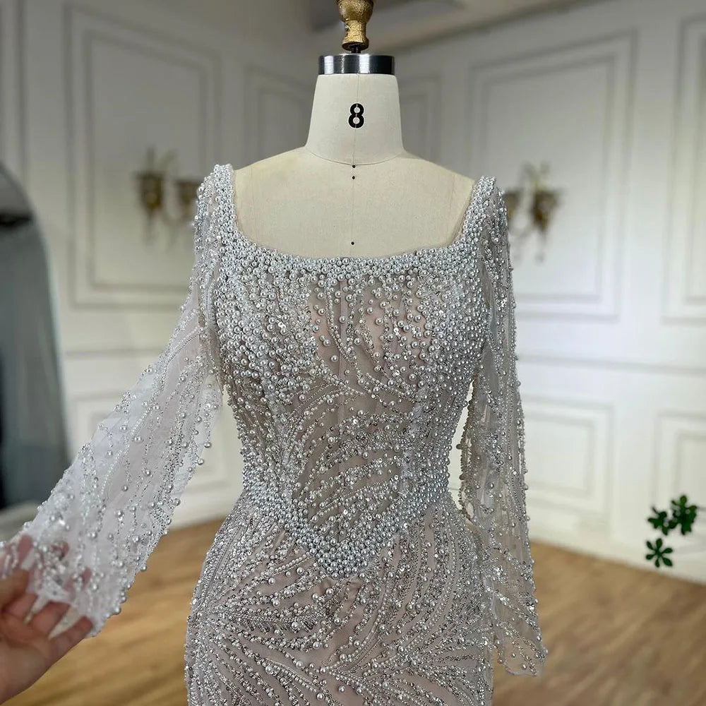 Elegant Muslim White Mermaid Evening Dress with Pearl Beading for Women - Luxury Dubai Wedding & Party Gown - Perfect for Bridal, Formal Events & Special Occasions