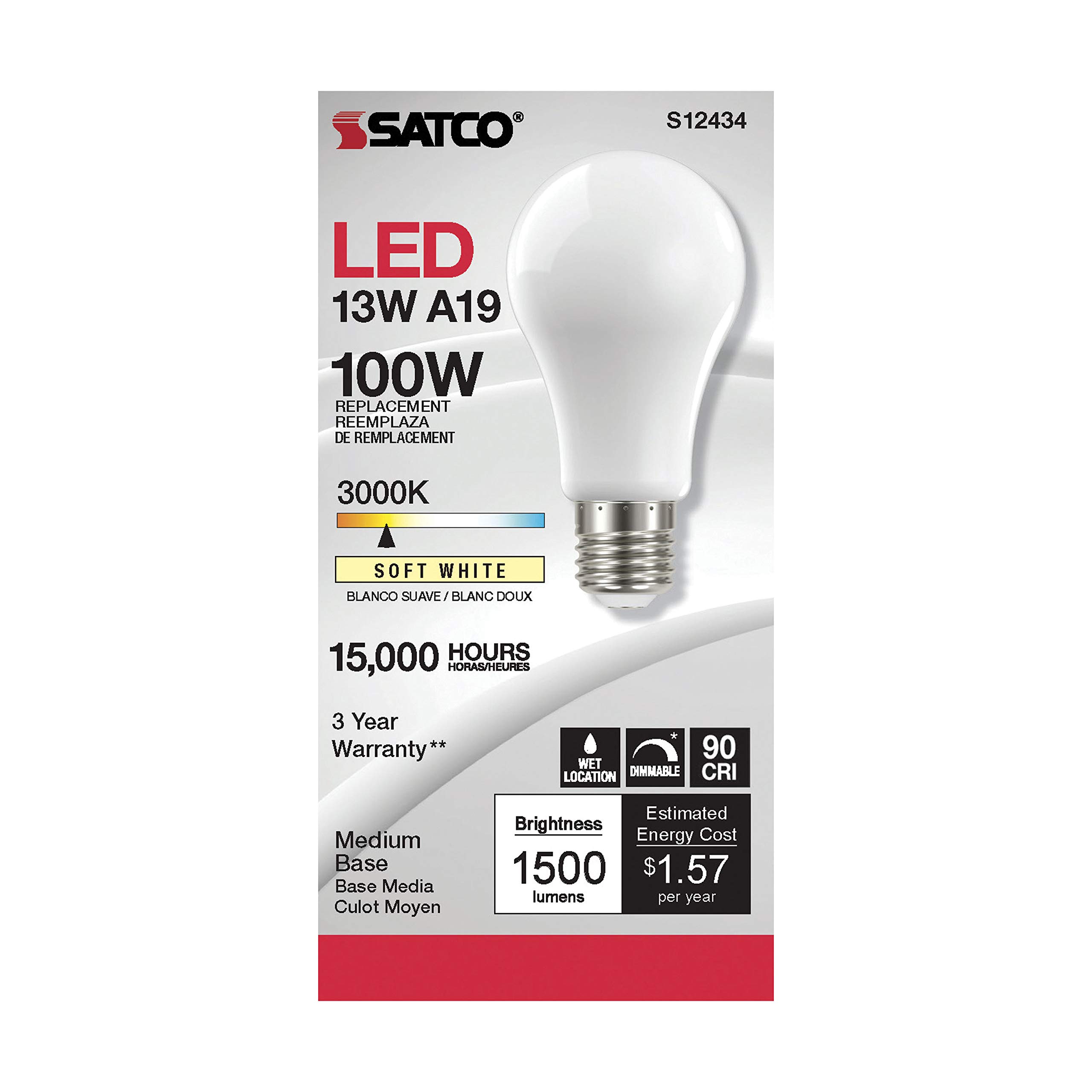 24 Pack Dimmable LED Filament Bulbs - Satco S12434, 13.5W A19 Soft White (3000K), 90 CRI, 120V - High Lumens for Home, Hotel, Retail & Office Lighting