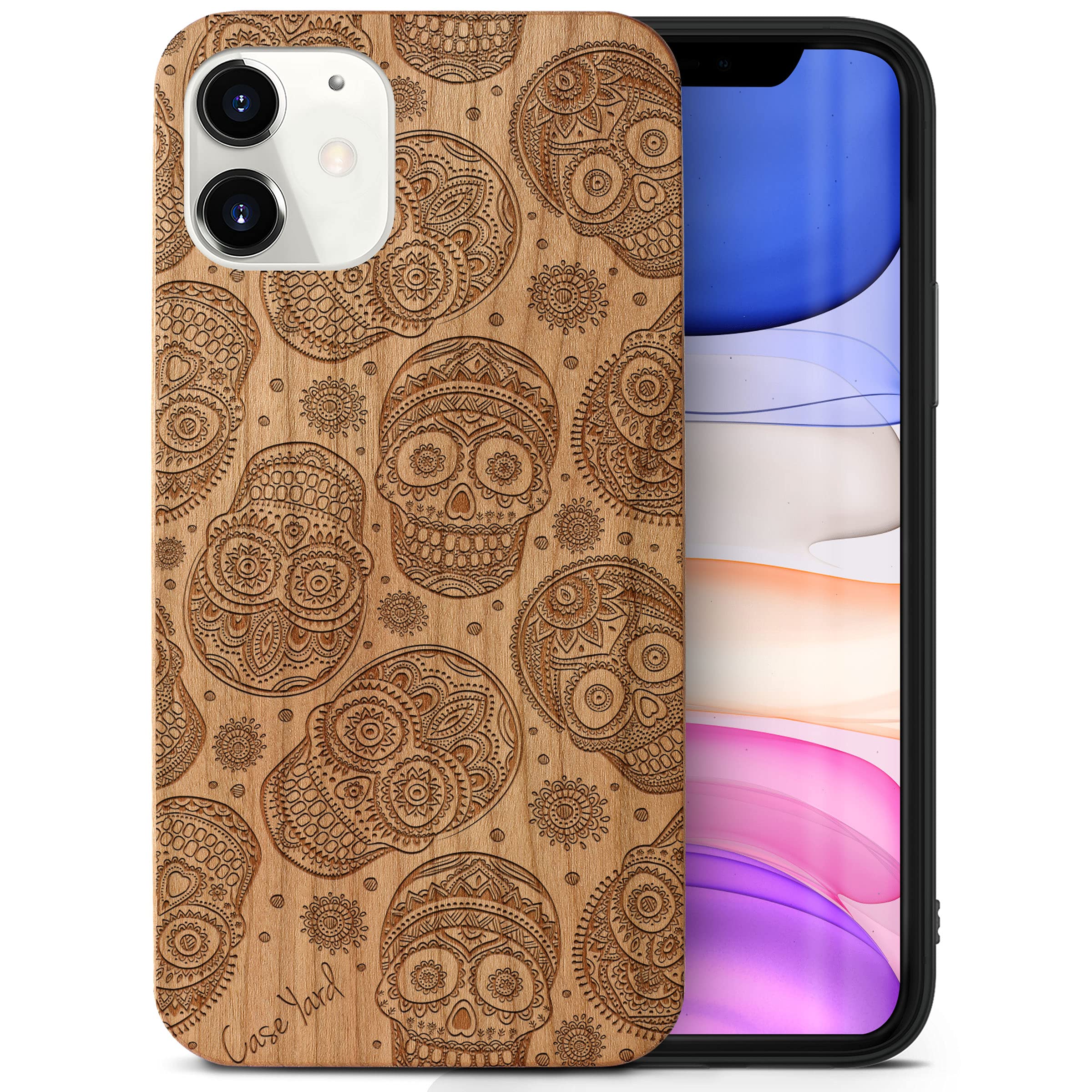 CaseYard Wood Phone Case for iPhone 11 - Laser Engraved Skull Design Cherry Wood Cover | Shockproof Slim Fit Protective Case for Men & Women | Perfect for Outdoor Adventures & Everyday Use
