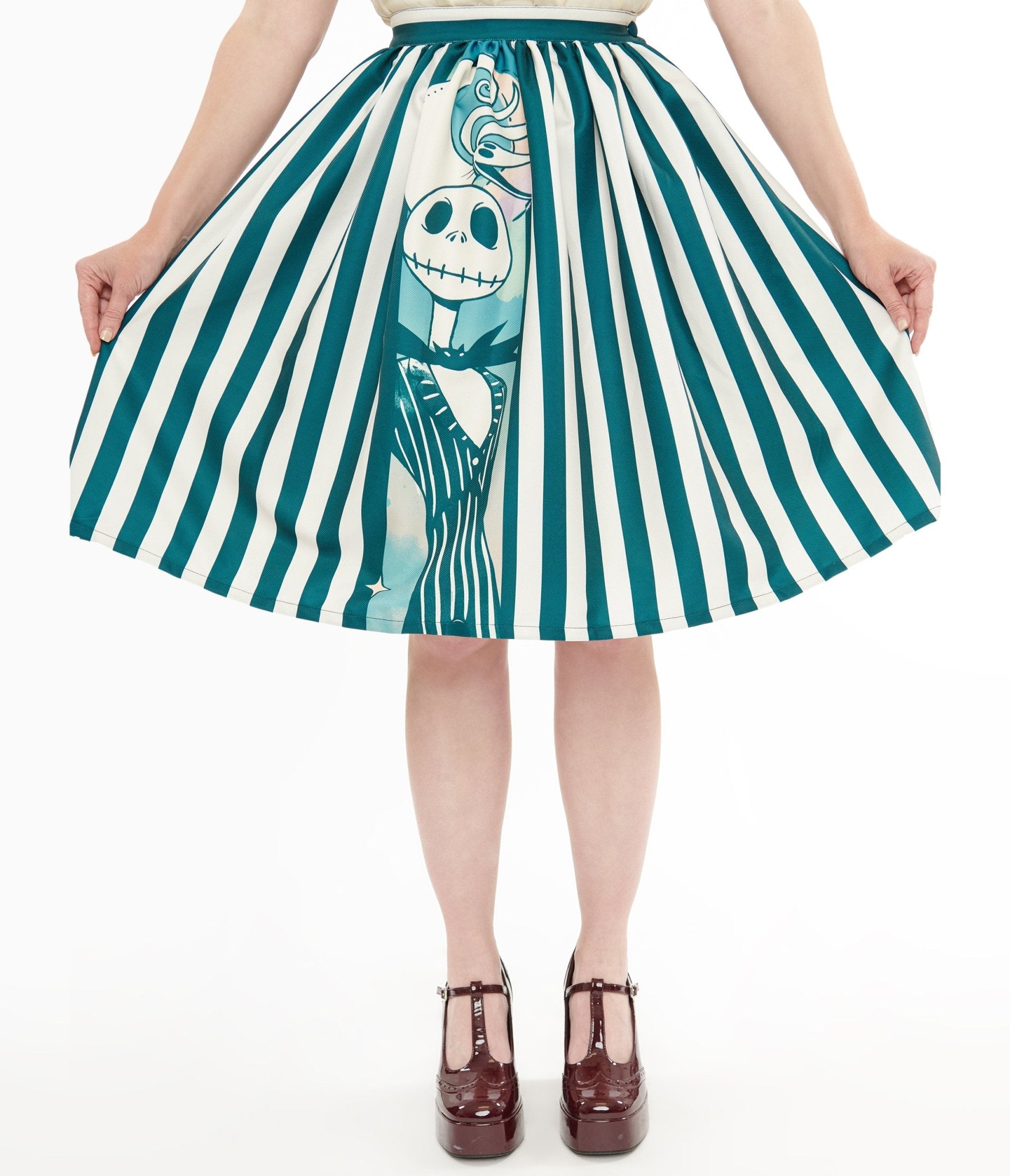 Unique Vintage The Nightmare Before Christmas Teal & White Striped Jack Skellington Swing Skirt | Tim Burton Inspired Halloween & Christmas Costume | Perfect for Cosplay, Theme Parties & Disneybounding