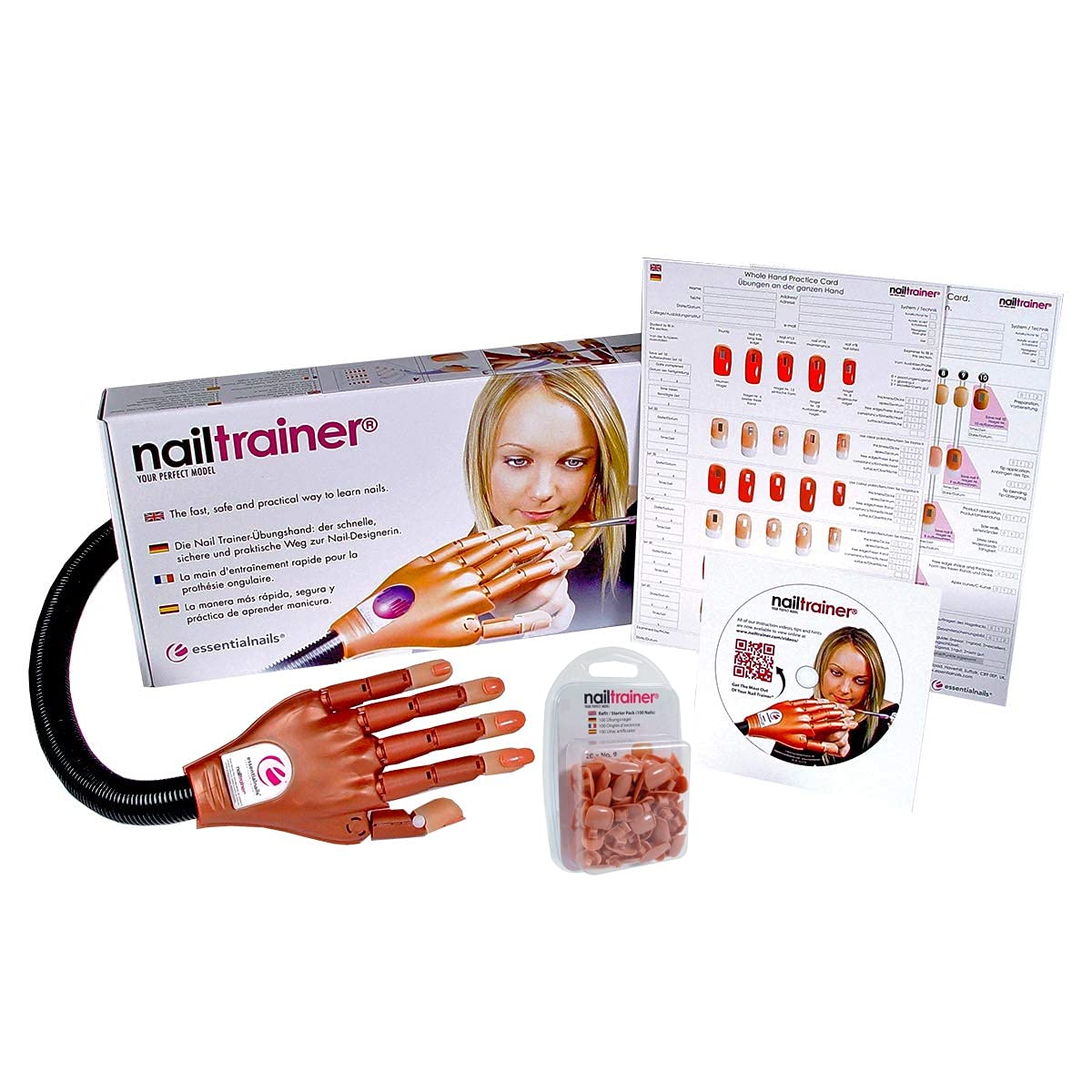 Essential Nails Nail Trainer Practice Hand with 6-Hour Online Nail Art Course - Professional Manicure Training Kit for Extensions & Nail Art | Includes 100 Practice Nails for Salon & Home Use