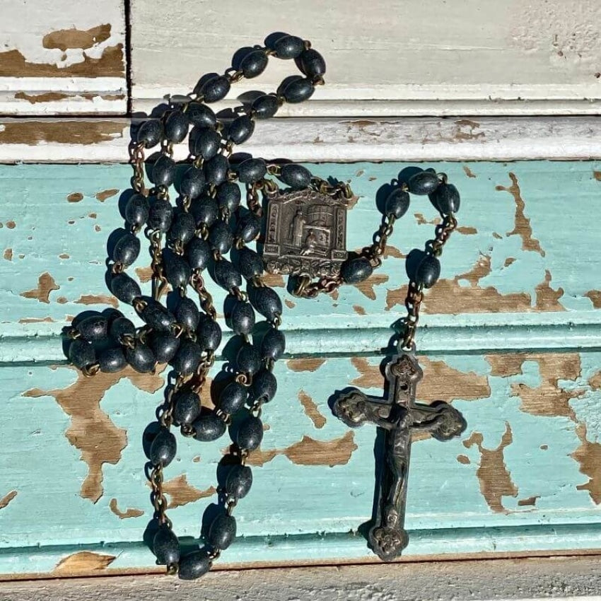 Vintage Charcoal Gray Beaded Rosary Necklace - Antique Patina Finish Catholic Prayer Beads for Religious Devotion & Spiritual Gifts