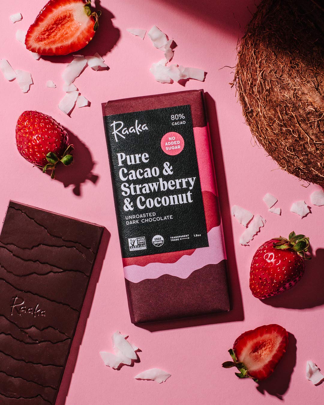 Organic Vegan Raaka Chocolate Bars - Strawberry Coconut, 3-Pack (1.8oz) - Fair Trade, Keto & Paleo Friendly for Healthy Snacking