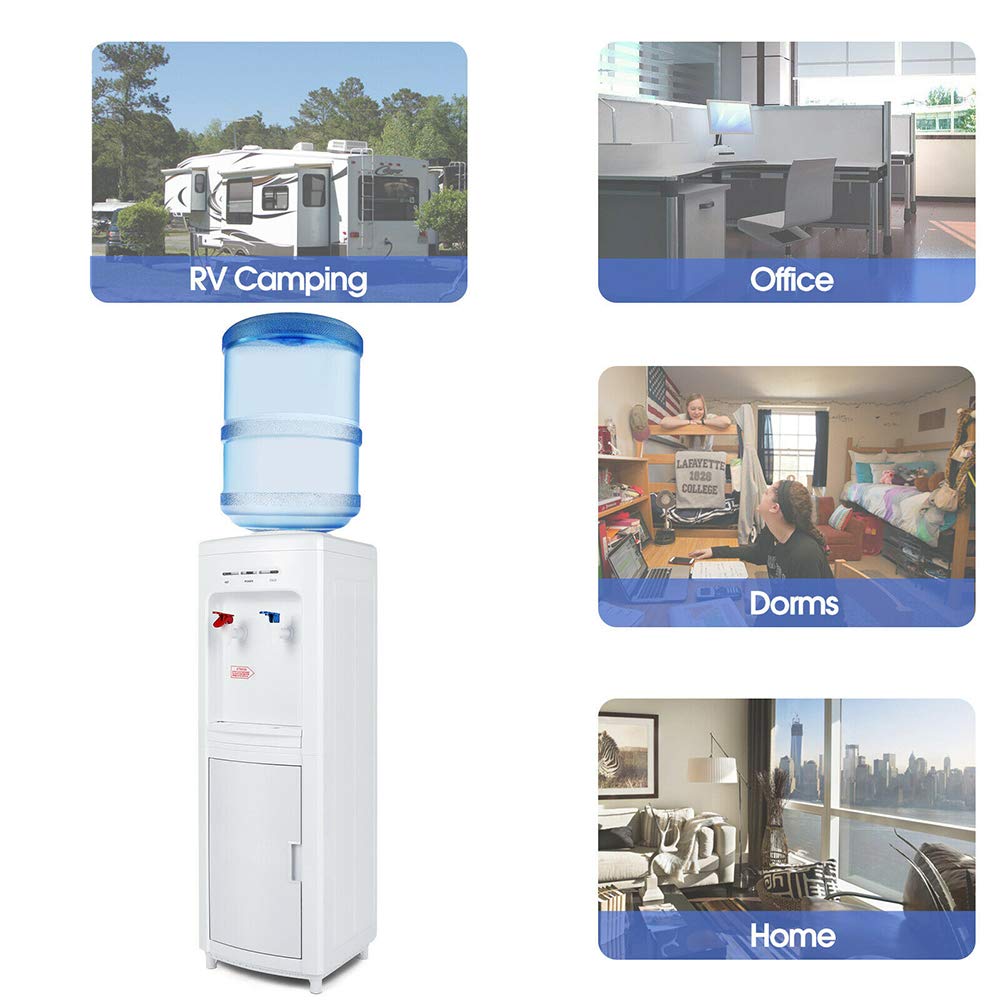 White Modern Top Loading 5 Gallon Water Cooler Dispenser with Hot & Cold Settings - Freestanding Electric Countertop for Home & Office - Storage Cabinet, Plastic & Stainless Steel (11.22