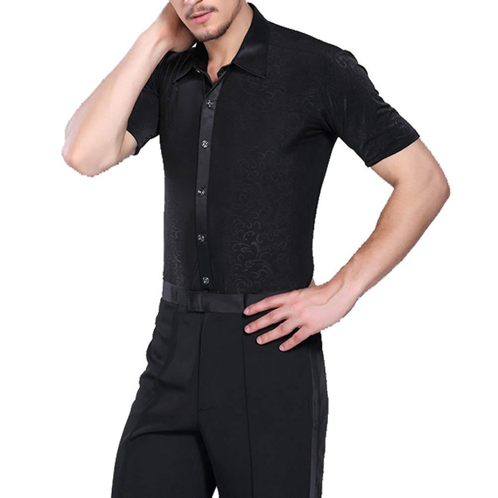 Professional Men's Black Striped V-Neck Latin Dance Shirt - Elegant Short Sleeve Performance Top for Salsa, Ballroom & Modern Dance Competitions