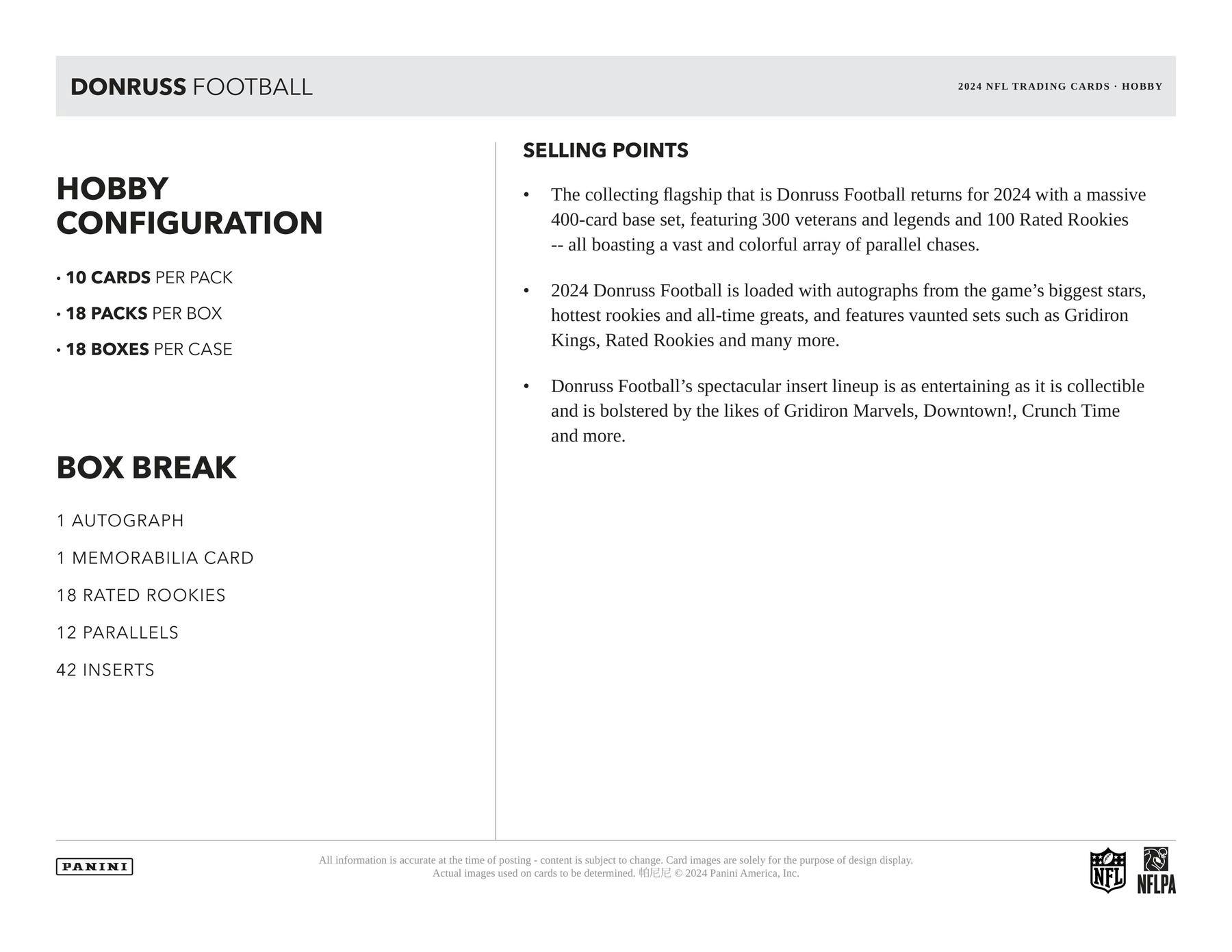 2024 Panini Donruss Football Hobby Box - 24 Packs with Autographs & Memorabilia Cards - Perfect for Collectors, Fantasy Football Fans & Sports Enthusiasts