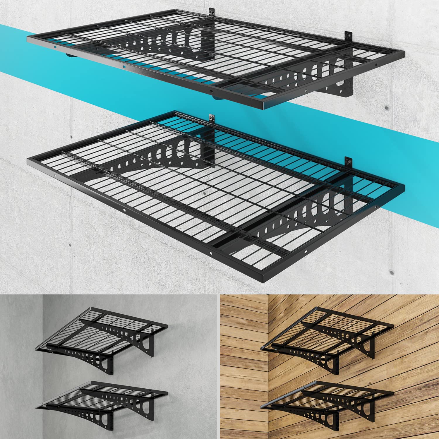 Heavy Duty Wall Mounted Garage Storage Shelving - 2 Pack 2x3ft Black Metal Shelves, 500 lbs Capacity, Adjustable Floating Wall System - Perfect for Garage Organization, Workshop Storage & Home Utility Racks