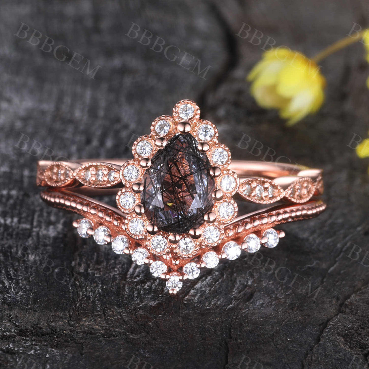 Pear Shaped Black Rutilated Engagement Ring - Rose Gold Diamond Wedding Band with Black Gemstone | Anniversary Gift for Her | Perfect for Proposals, Weddings & Special Occasions