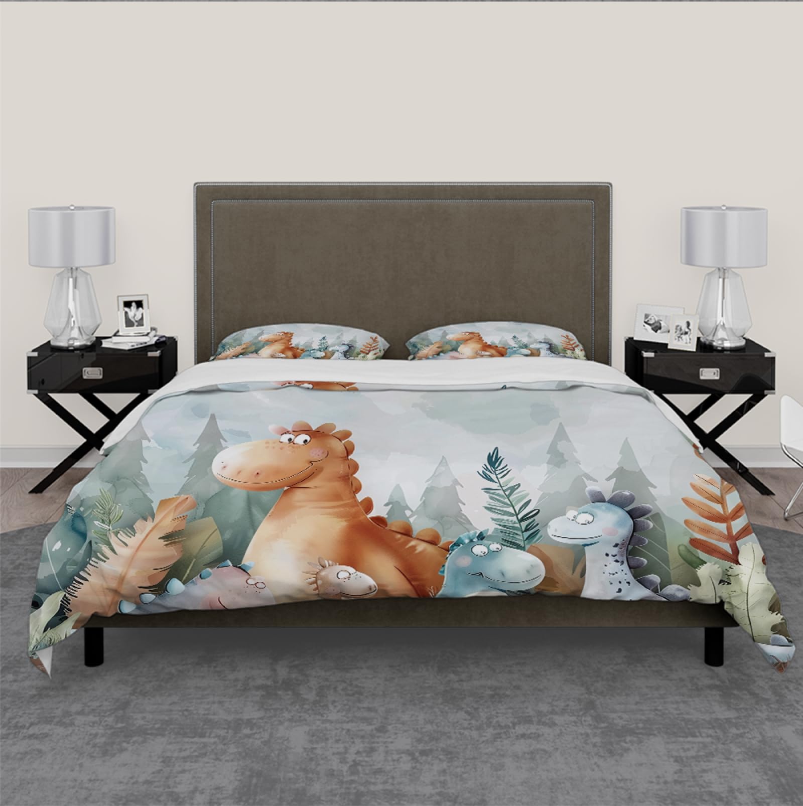 Cute Fat Dinosaur Print Microfiber Duvet Cover Set - 3PCS (1 Comforter Cover + 2 Pillow Shams) - Twin Size Cartoon Animals Bedding - Perfect for Kids' Rooms & Dinosaur Themed Bedrooms