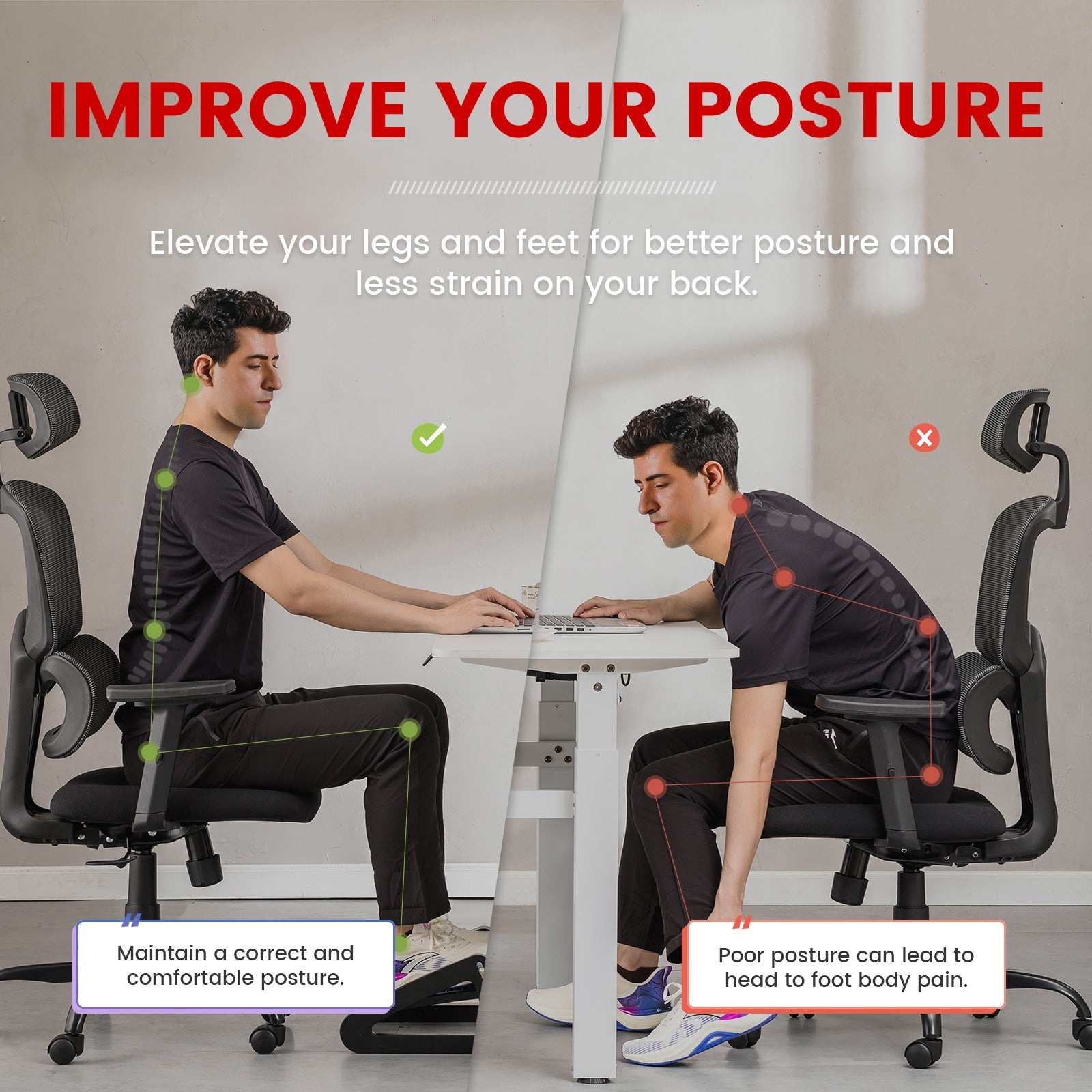 Adjustable Ergonomic Under Desk Foot Rest for Office & Home - Improve Posture & Comfort While Sitting - Perfect for Work, Gaming & Study
