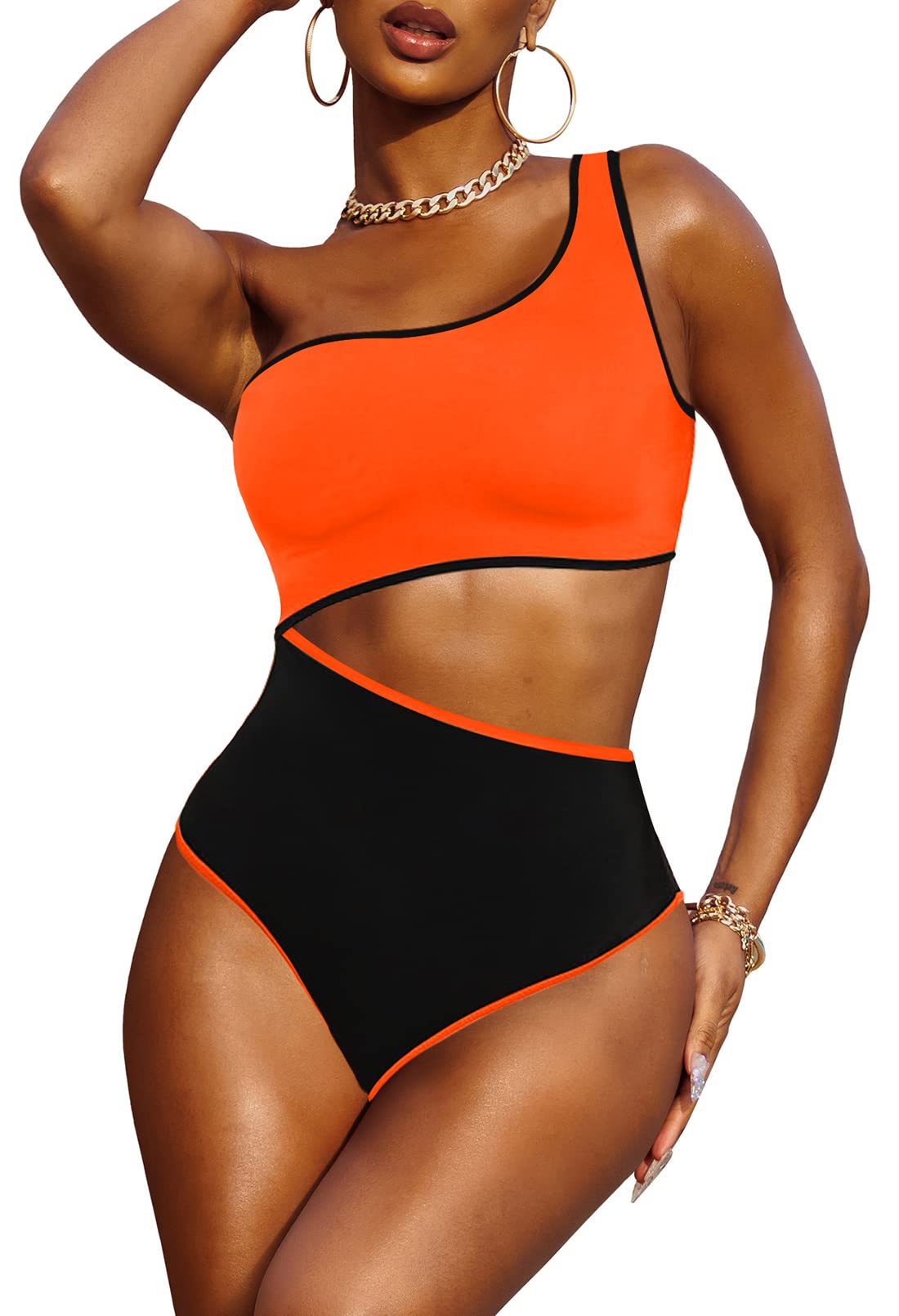 LaSuiveur Women's One Shoulder Monokini Swimsuit - Sexy Cutout Color Block One Piece Bathing Suit for Beach, Pool Party & Summer Vacation