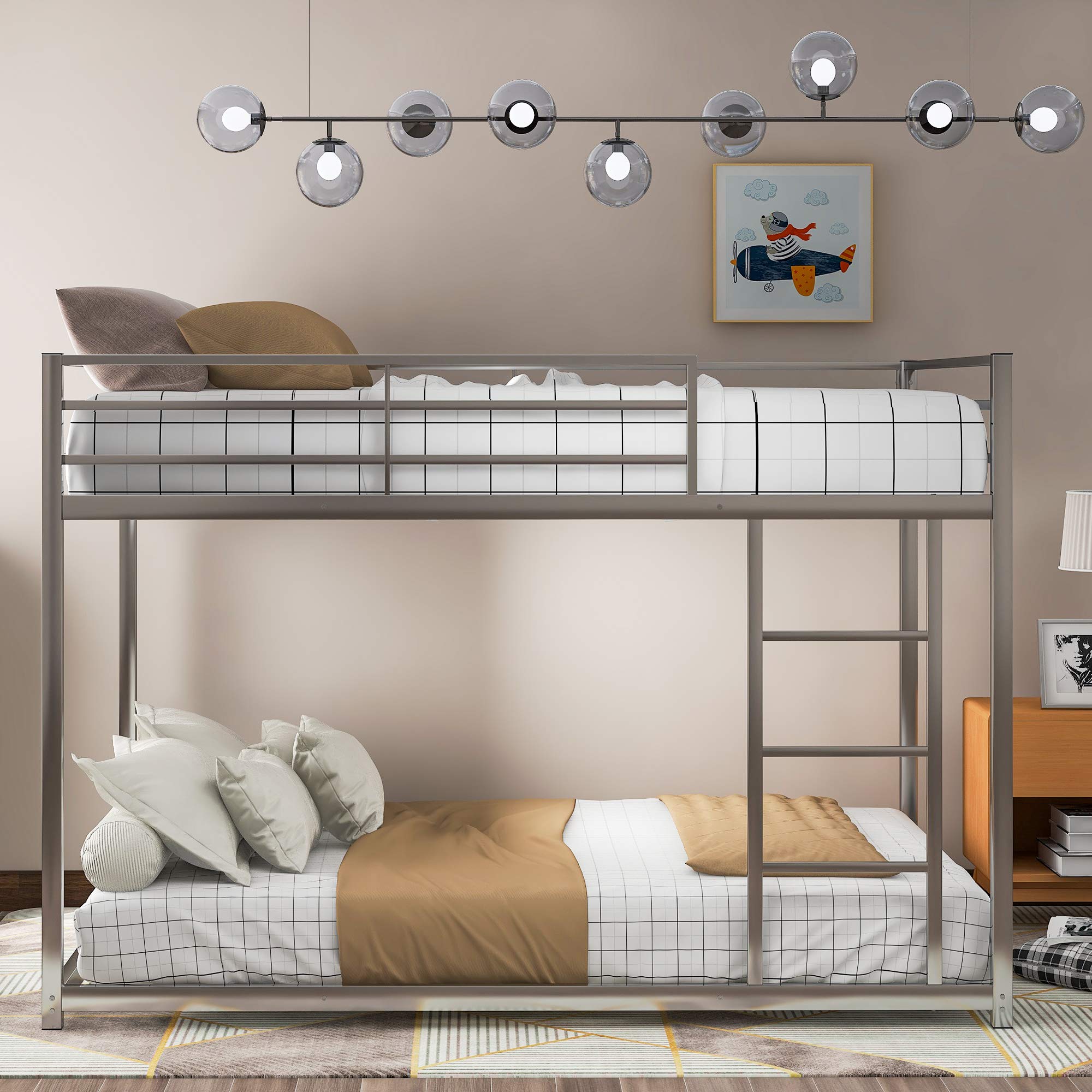 Heavy Duty Metal Bunk Bed Frame with Safety Guard Rails & Ladder - Full Size Low Profile Bunk Bed for Kids, Teens and Adults - No Box Spring Needed (Silver) | Perfect for Dorms, Kids' Rooms, Guest Rooms & Small Spaces
