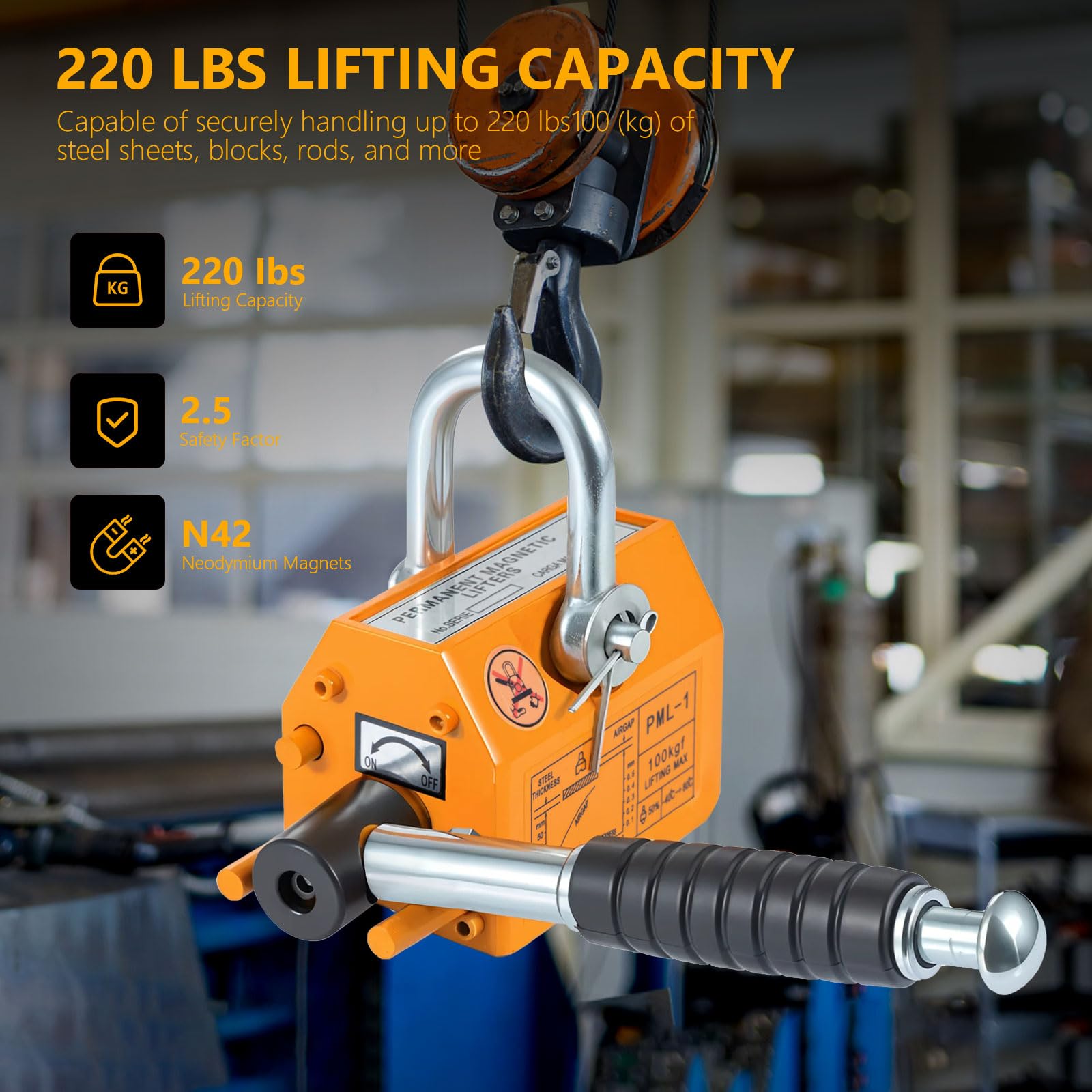 100KG/220Lbs Heavy Duty Permanent Magnetic Lifter - Steel Lifting Magnet for Shop Crane, Hoist & Metal Plates | Ideal for Construction, Warehouse & Industrial Material Handling
