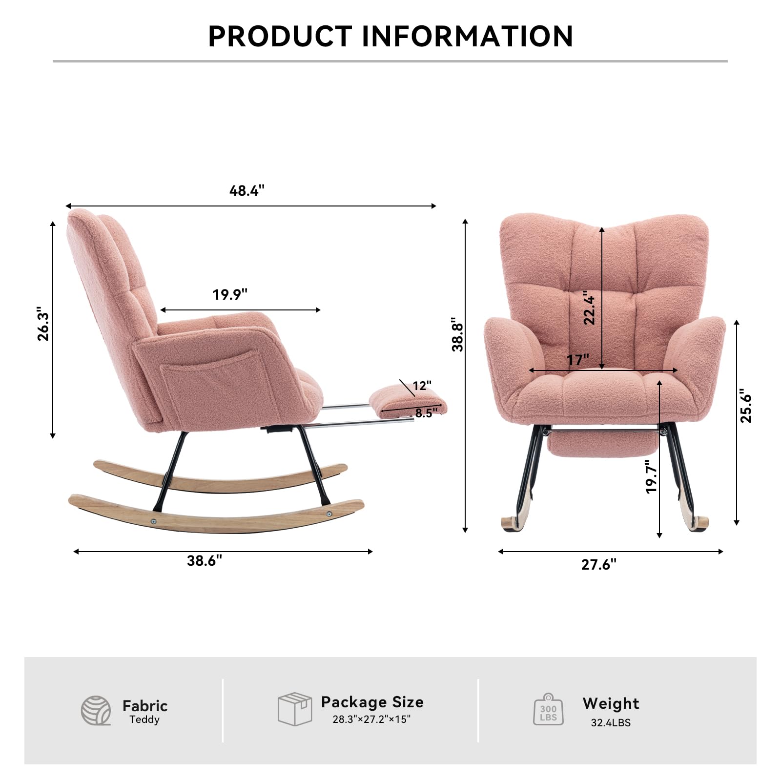 FOXHUNTER Nursery Rocking Chair - Adjustable Footrest Glider Recliner with High Back Support, Soft Teddy Upholstery, Pink Rocking Chair for Nursery, Bedroom & Reading | Perfect for Nursing, Relaxing & Storytime