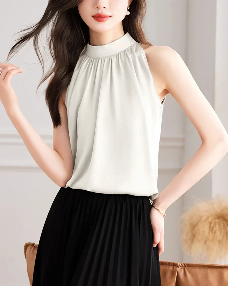 Elegant Mock Neck Sleeveless Silk Blouse for Women - Luxury Breathable Summer Top for Office, Party & Special Occasions
