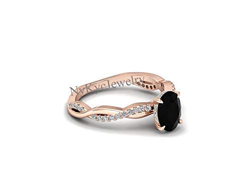 Natural Black Onyx Rose Gold Engagement Ring for Women - Sterling Silver Half Eternity Band with CZ Diamonds - Solitaire Halo Oval Black Stone Ring - Anniversary & Wedding Gift - Perfect for Proposals, Bridal Jewelry & Special Occasions