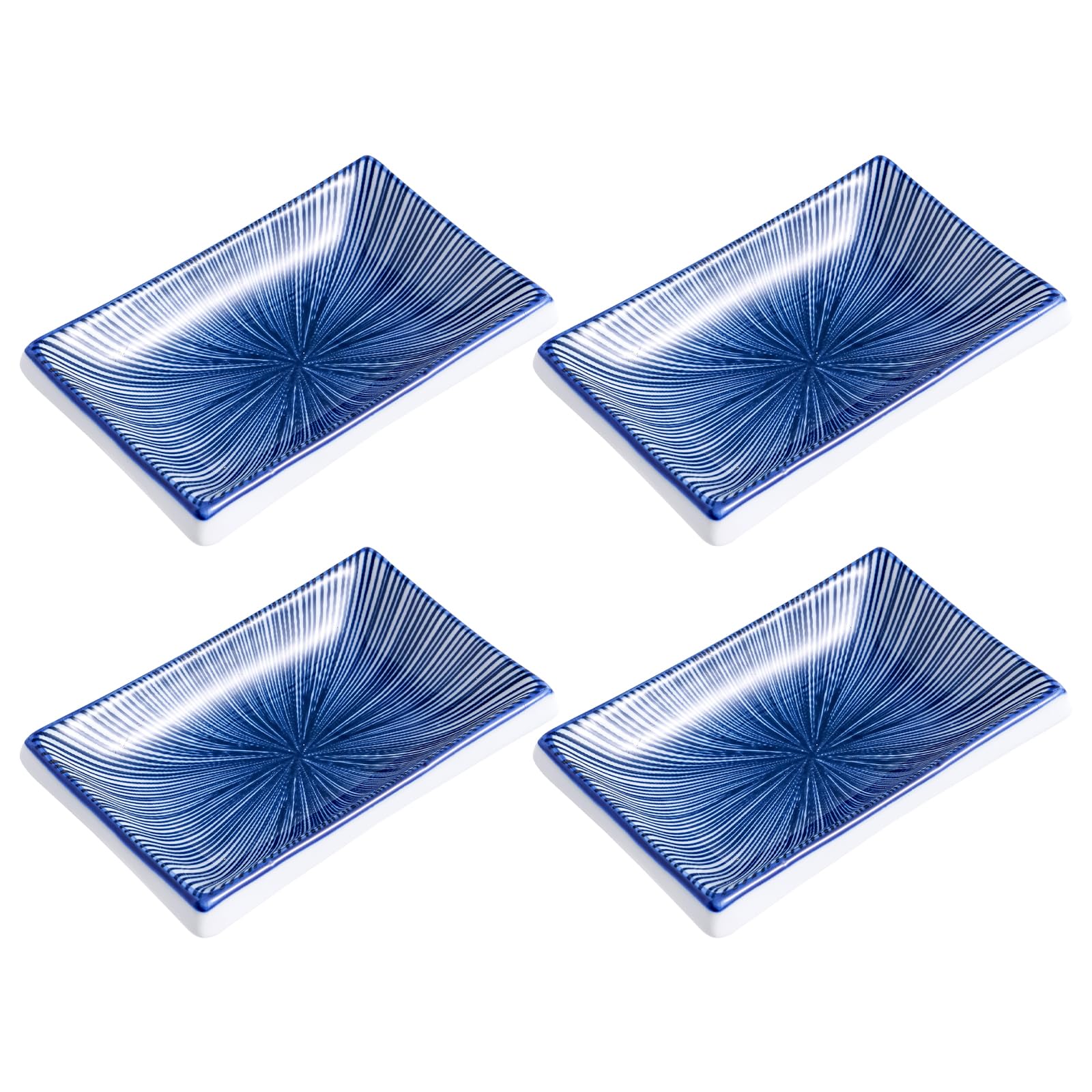 4 Inch Ceramic Sauce Dish - Japanese Rectangular Sushi Dipping Bowl, Seasoning Dishes & Appetizer Plates for Soy Sauce, Wasabi, Snacks - Home Kitchen Serving Set (4-Pack, Blue Radial) - Perfect for Sushi Nights, Dinner Parties & Asian Cuisine