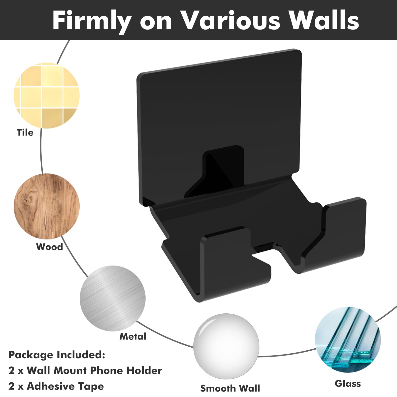 2-Pack Kamehame Wall Mount Phone Holder - Adhesive Charging Stand & Smartphone Organizer Bracket for iPhone, Samsung & All Phones - Home & Office Use (Black) | Perfect for Kitchen, Bedroom, Bathroom & Car Mounting